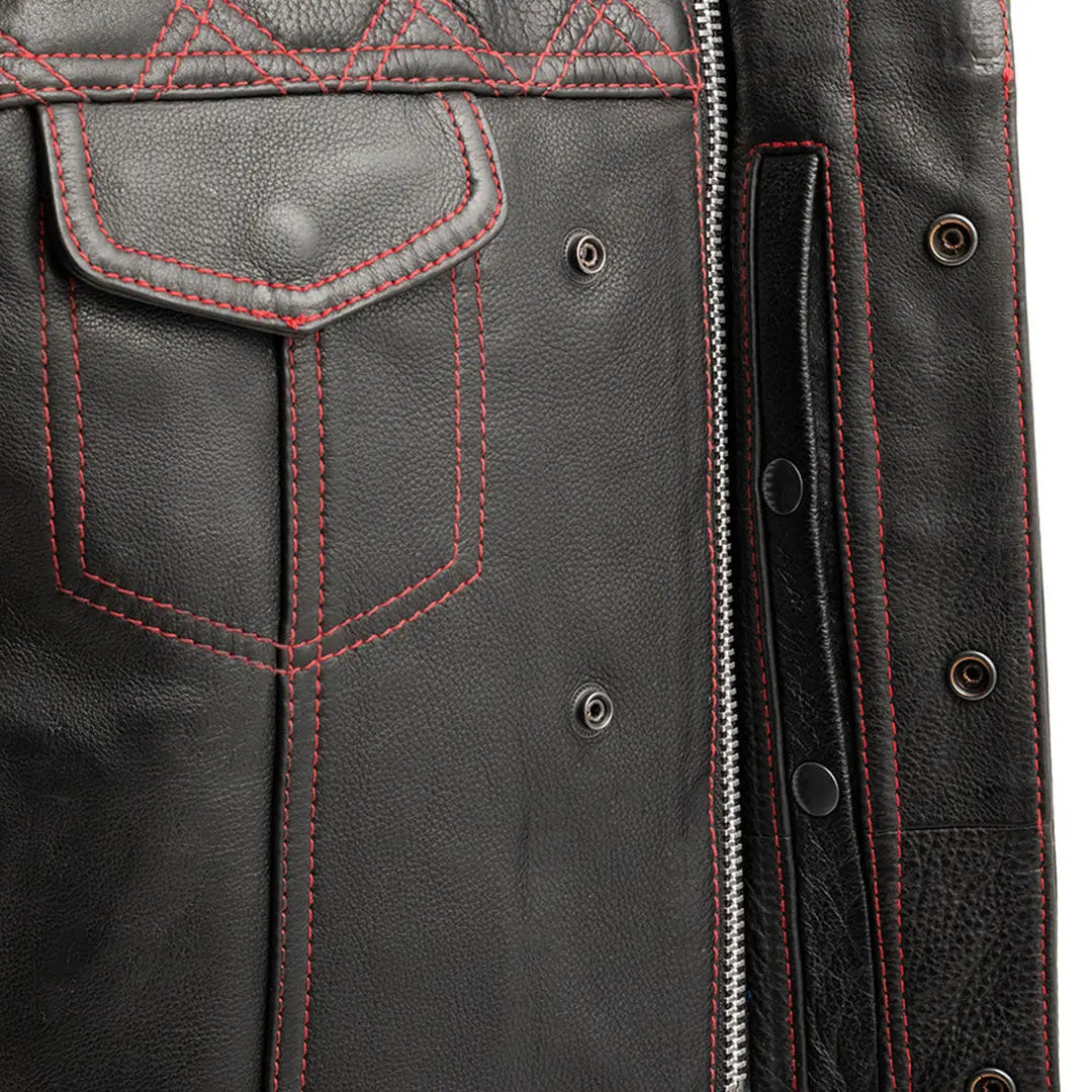 Open Road Men's Upside Leather Vest with Red Stitched Diamonds - Stylish Biker Jacket for Motorcycle Riding & Casual Outfits