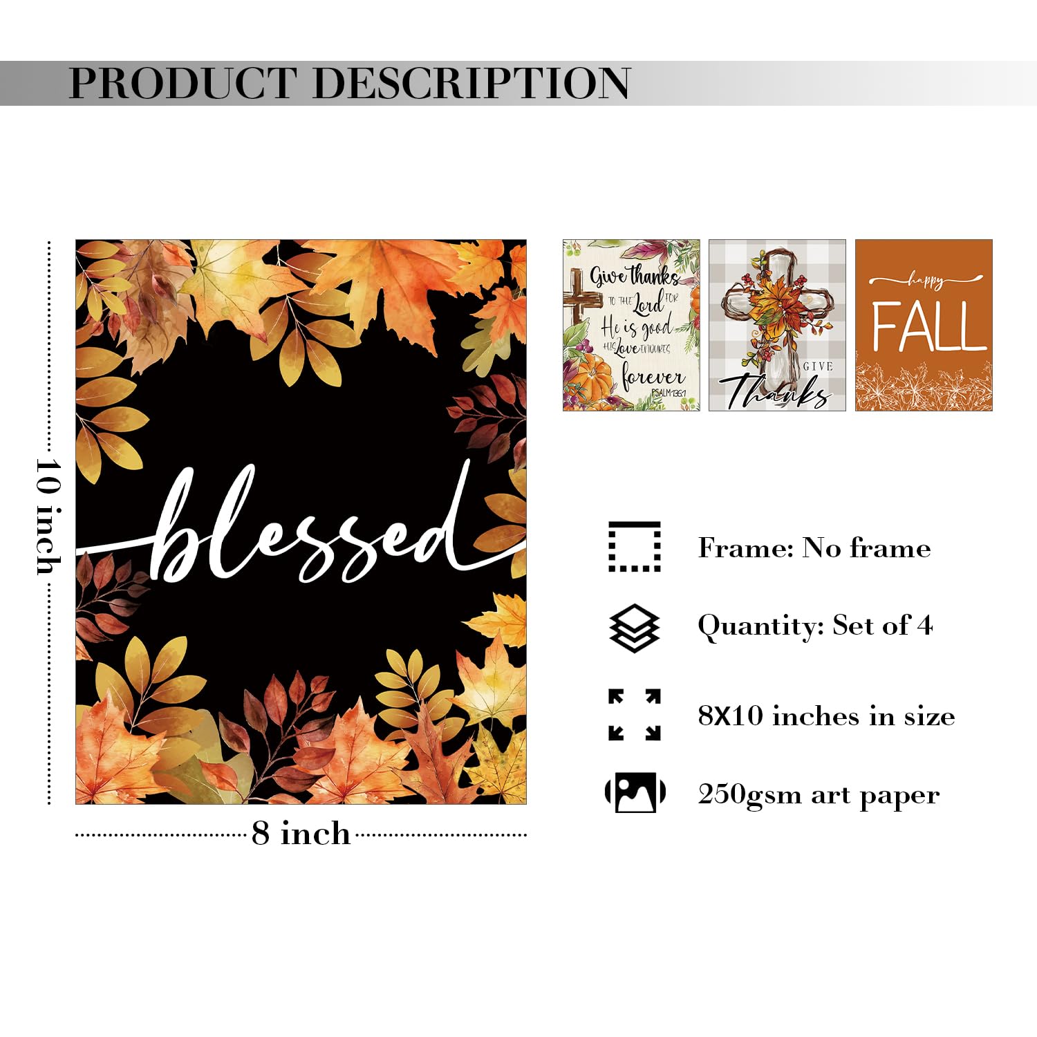 JXREQ Thankful Grateful Blessed Wall Decor - Christian Farmhouse Thanksgiving Wall Art Set (8x10 Unframed, 4Pcs) - Perfect for Home, Kitchen, Living Room & Office Decor