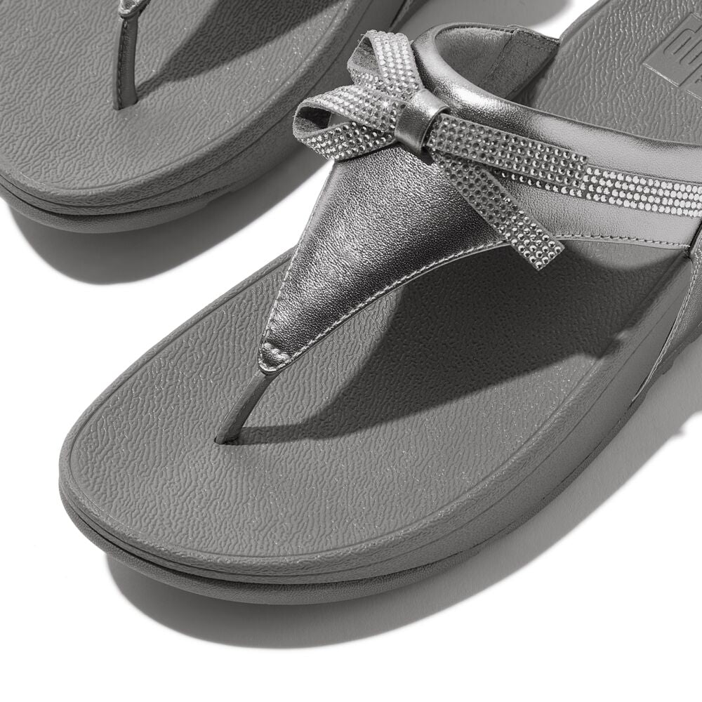 FitFlop Lulu Glitz Bow Leather Sandals for Women - Comfortable Metallic Silver Gladiator Sandals with Adjustable Straps | Perfect for Summer, Beach, Vacation and Casual Outfits