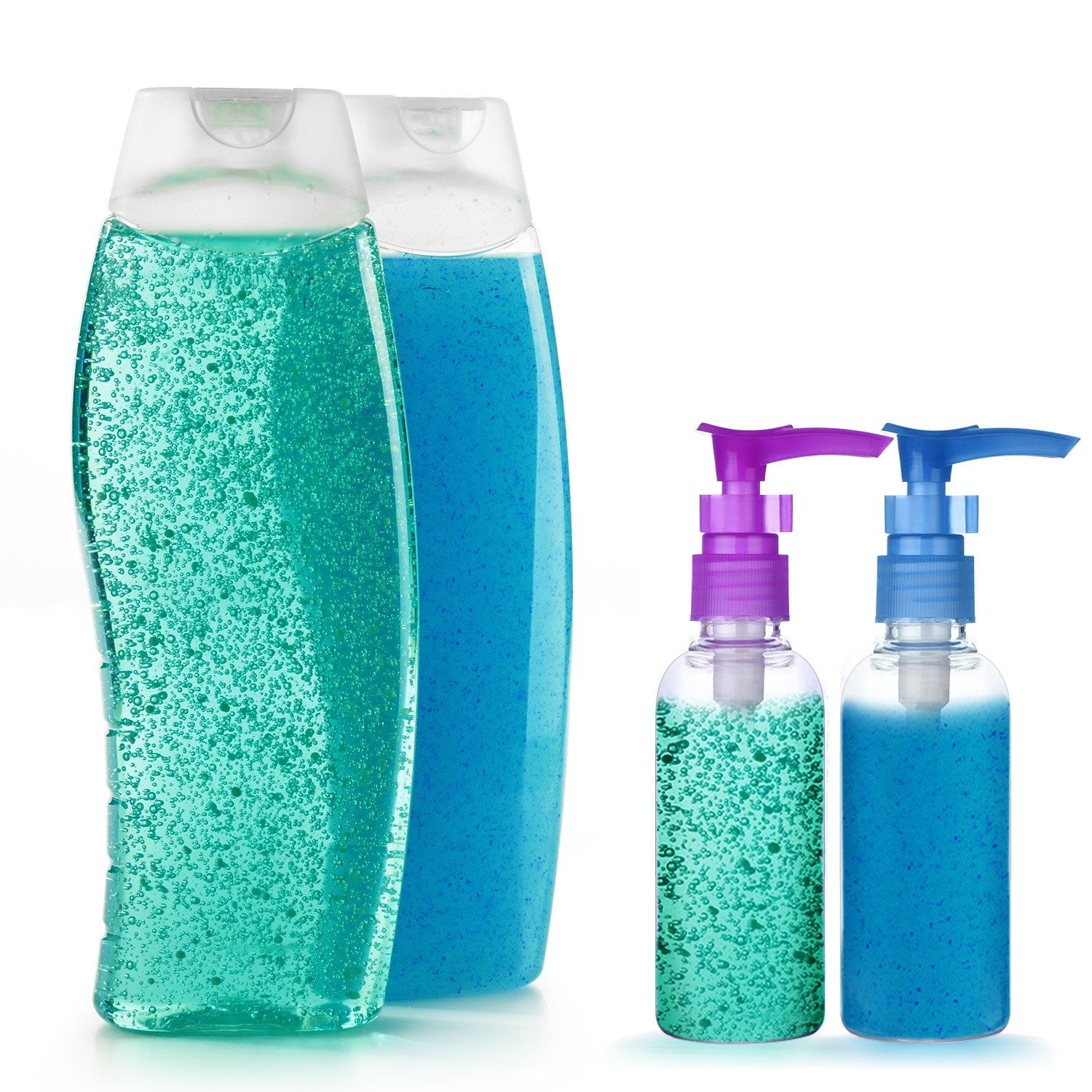 4 Pack 3.4oz/100ml Clear Travel Bottles with Pump - Leak Proof Refillable Plastic Containers for Shampoo, Conditioner, Body Wash & Facial Cleanser - Perfect for Air Travel, Gym, Camping & Toiletry Organization