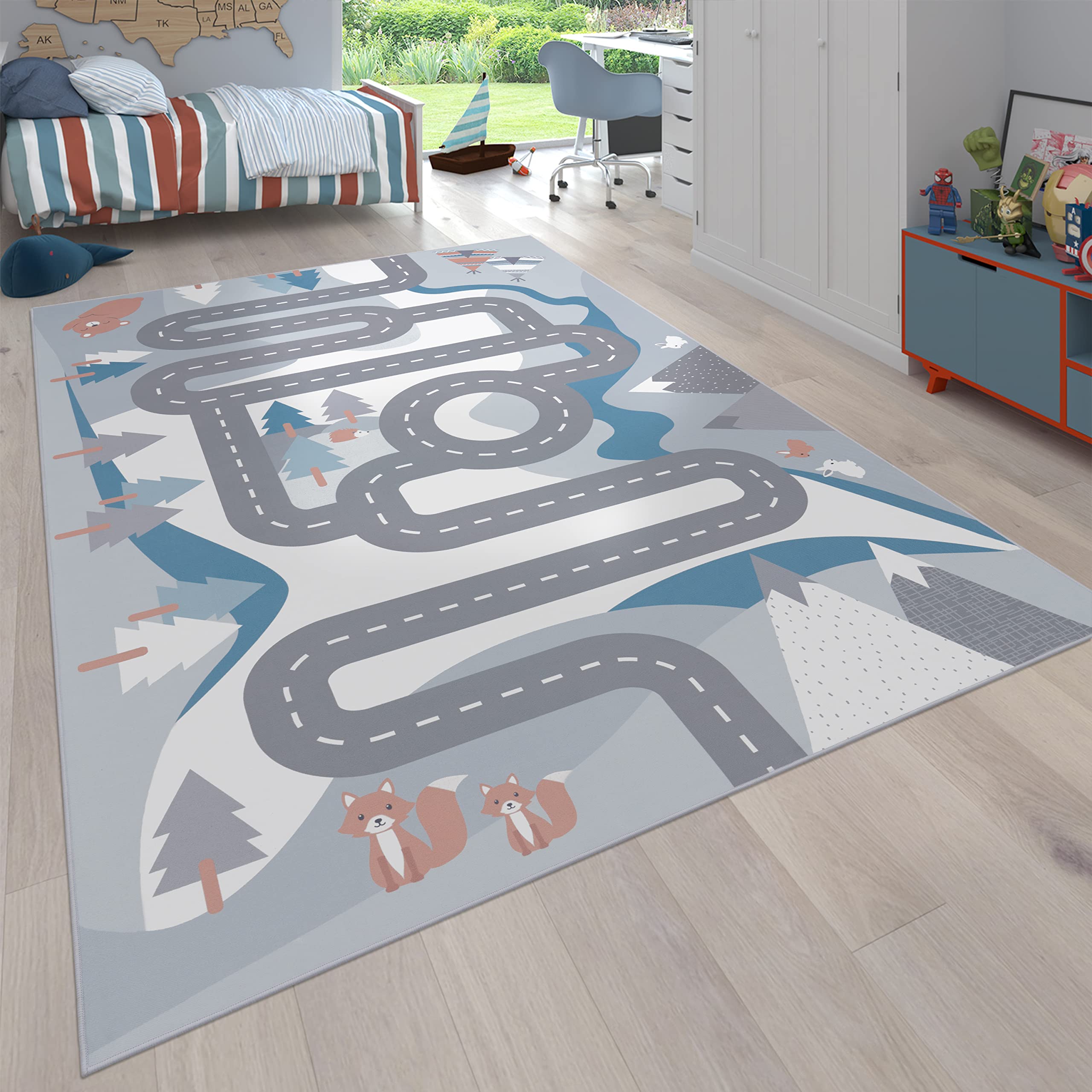 Paco Home Kids Rug Play Mat - Blue Cream Mountain Road with Bears & Trees Design - 5'3