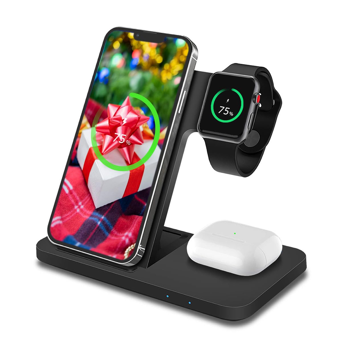 3-in-1 Magsafe Wireless Charging Station - 18W Fast Qi Charger Stand for iPhone 14/13/12, Apple Watch Series 9/8/7, AirPods Pro - Perfect for Bedside, Office & Travel - Black