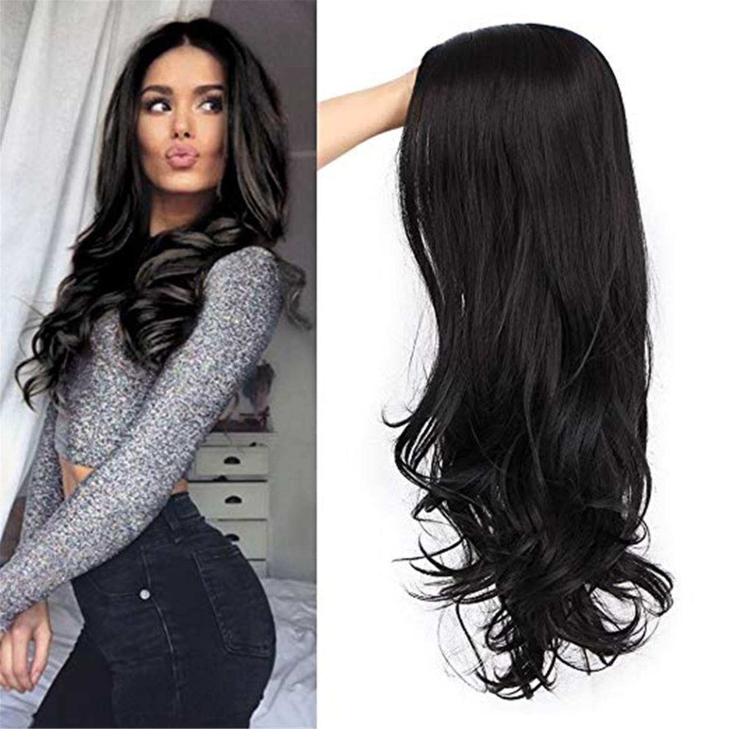Andongnywell Long Brown Curly Lace Front Wig - Middle Part Wavy Human Hair Wig for Women | Natural Black Hair Color | Perfect for Cosplay, Parties & Daily Wear