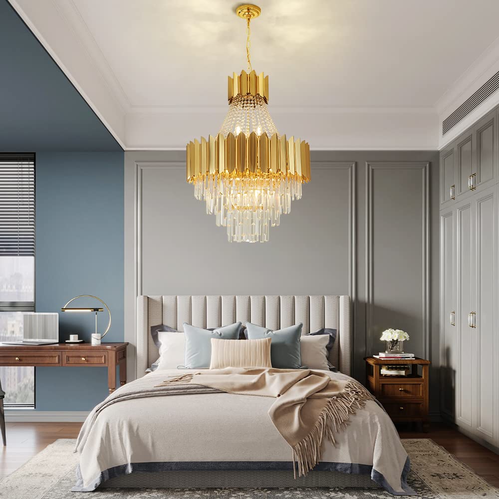 Modern Luxury Gold Crystal Large Raindrop Chandelier - 23.23” Diameter x 33.46” Height - Elegant Lighting Fixture for Living Room, Dining Room, Staircase & Entryway - Perfect for Home Decor, Wedding Venues & Luxury Hotels