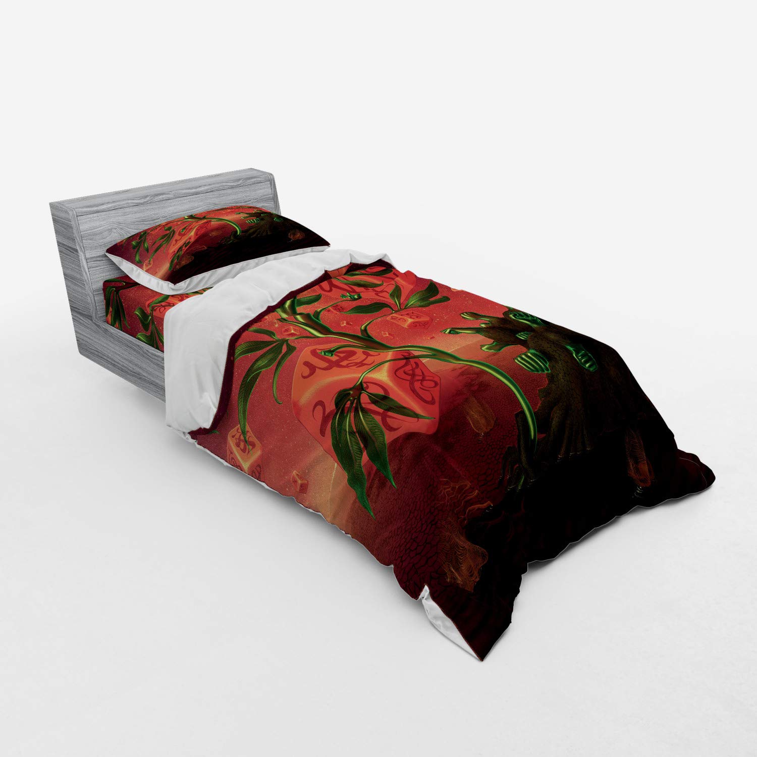 Ambesonne Psychedelic Duvet Cover Set - Trippy Surreal Fantasy Cubes & Unique Plants Design - 3 Piece Bedding Set with Pillow Sham & Fitted Sheet - Twin Size in Scarlet Green - Perfect for Bohemian Bedrooms & Hippie Themed Decor