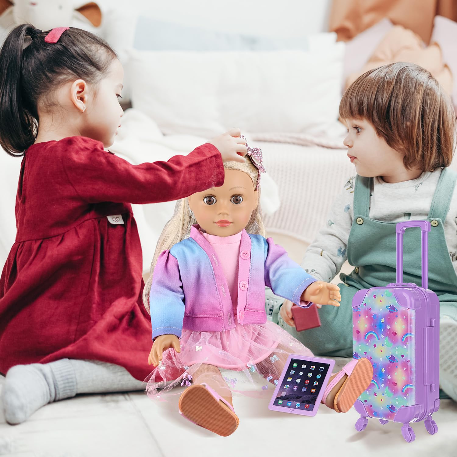 18 Inch Doll Travel Luggage Set with Carrier, Clothes, Shoes & Accessories for Girls - Perfect for Travel, Playdates & Pretend Play (No Doll Included)