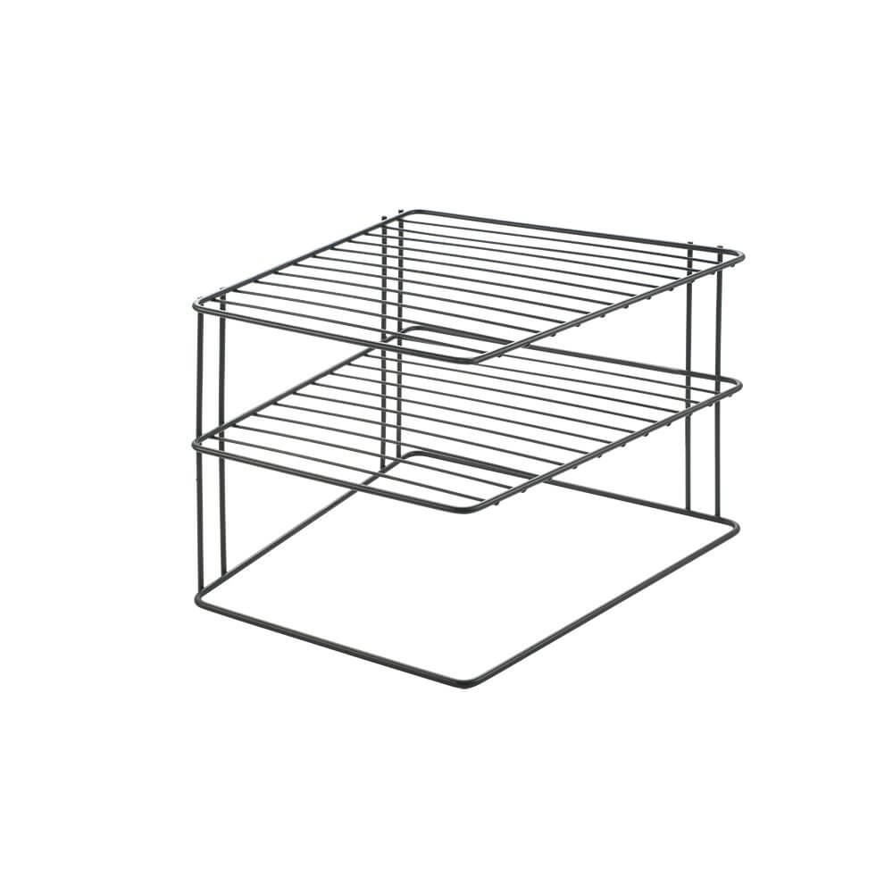 2-Tier Square Plate Stacker & Pantry Shelf Organizer - Matte Black Kitchen Storage for Dishes, Bowls, and Spices | Space-Saving Cabinet & Countertop Solution