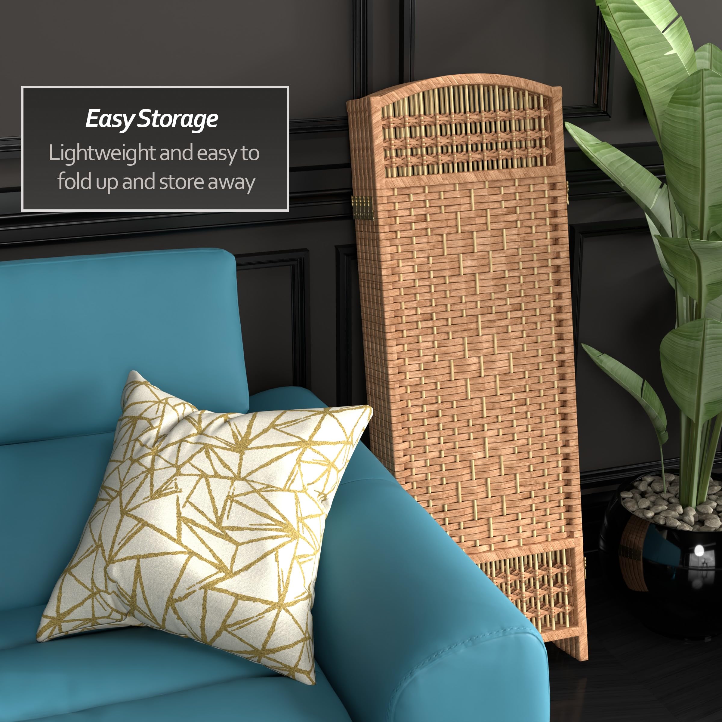 4 ft. Natural Short Fiber Weave Folding Room Divider - 6 Panel Privacy Screen for Home, Office & Outdoor Use - Perfect for Creating Separate Spaces in Living Rooms, Bedrooms or Patios