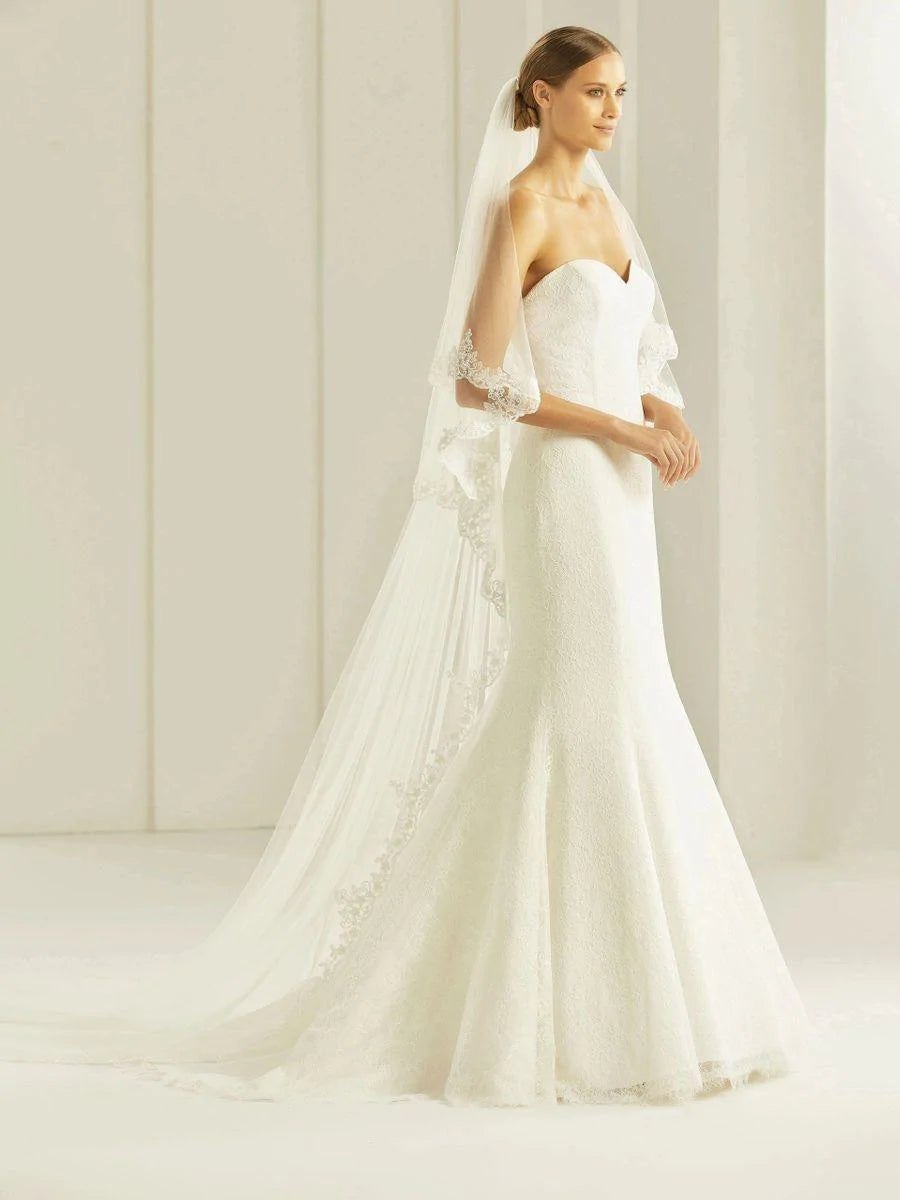 Bianco Evento Two-Tier Cathedral Wedding Veil with Lace Edging - Elegant Bridal Accessory for Church Ceremonies & Formal Weddings
