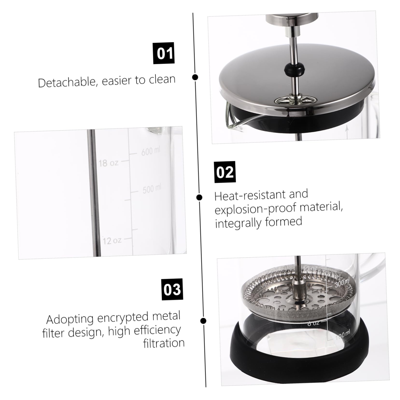 Mikinona 600ml Thick Glass Coffee Maker & Tea Pot with Scale - Manual French Press for Home Brewing, Camping & Office Use
