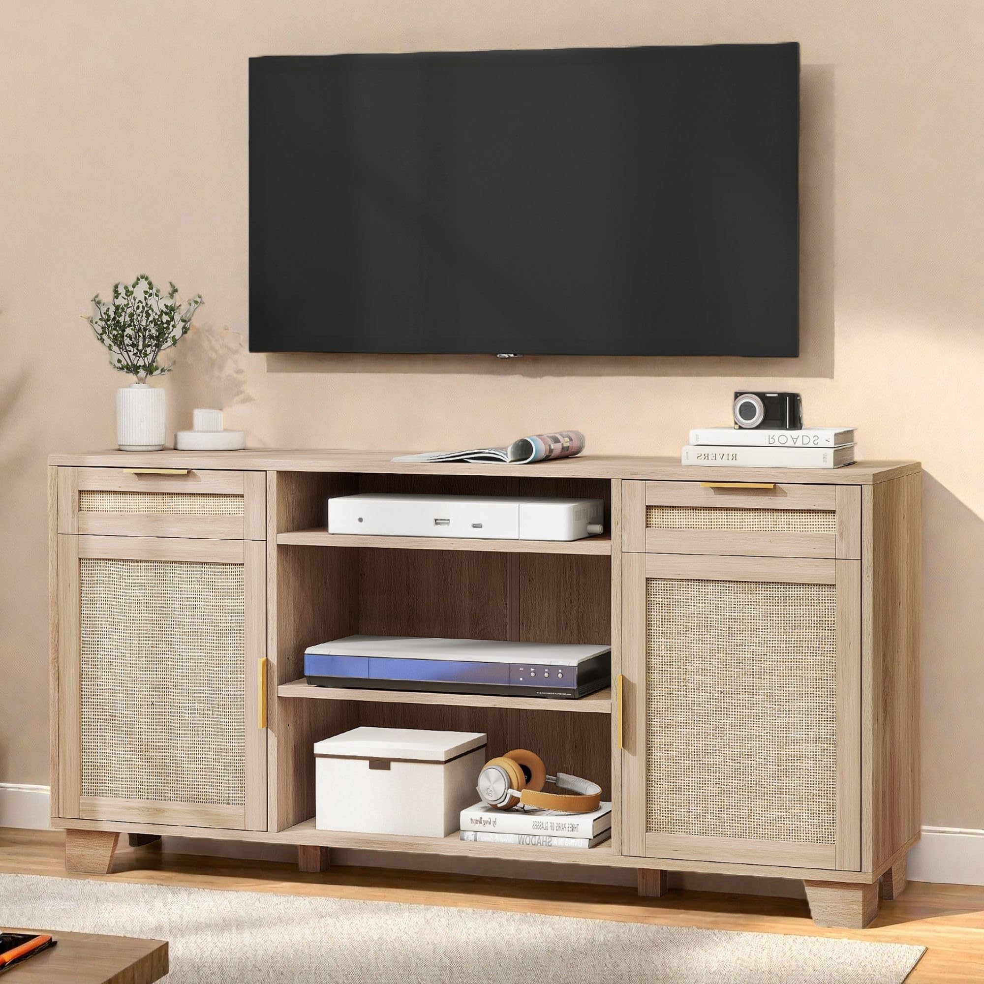 YITAHOME 65 Inch TV Stand with Storage, Boho Rattan Entertainment Center with Drawers & Adjustable Shelves - Natural Oak TV Media Console for Living Room, Bedroom & Home Theater