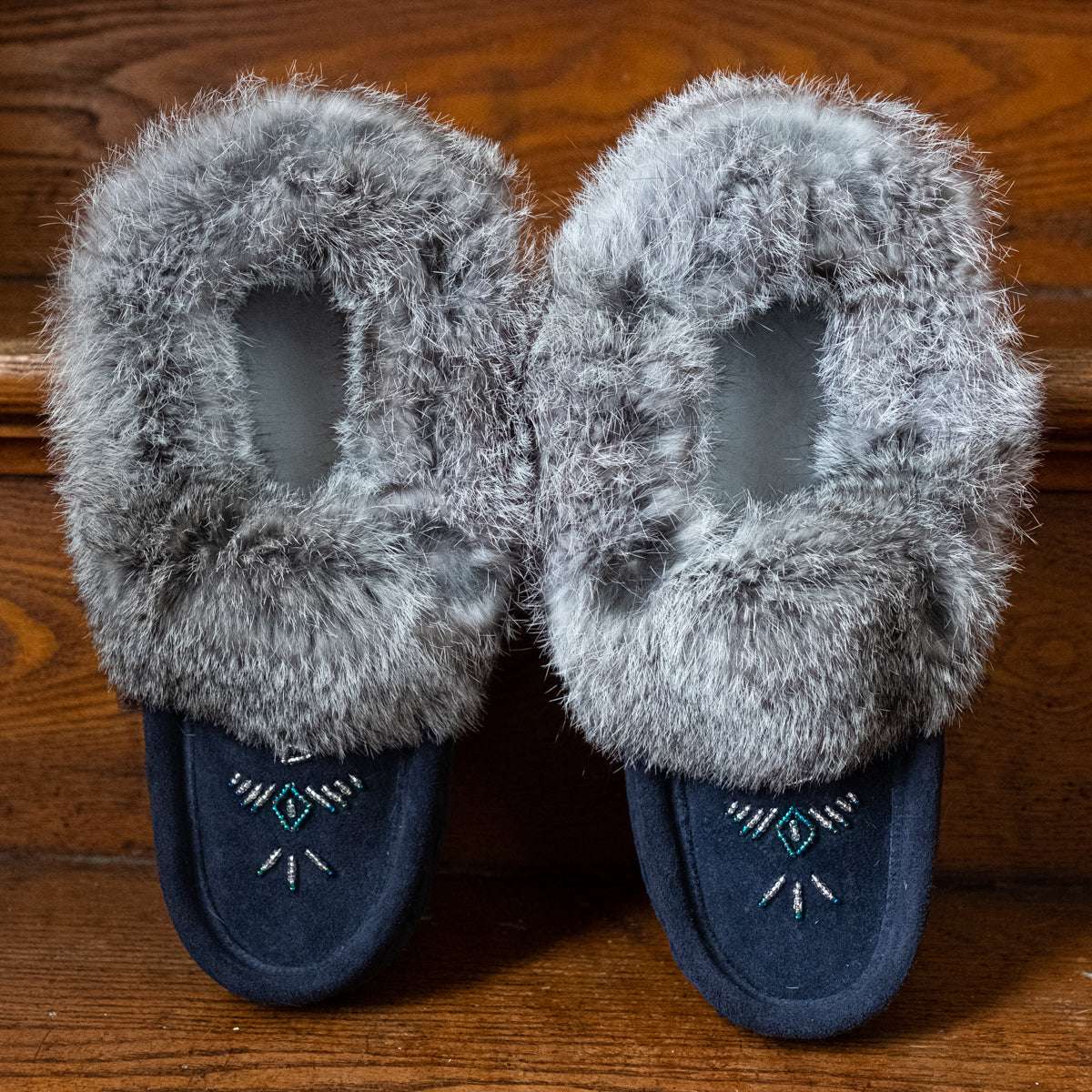 Women's Soft Rabbit Fur Thunderbird Beaded Moccasins - Comfortable Navy Blue Native American Style Slip-On Shoes for Casual Wear, Home & Winter Indoor Use