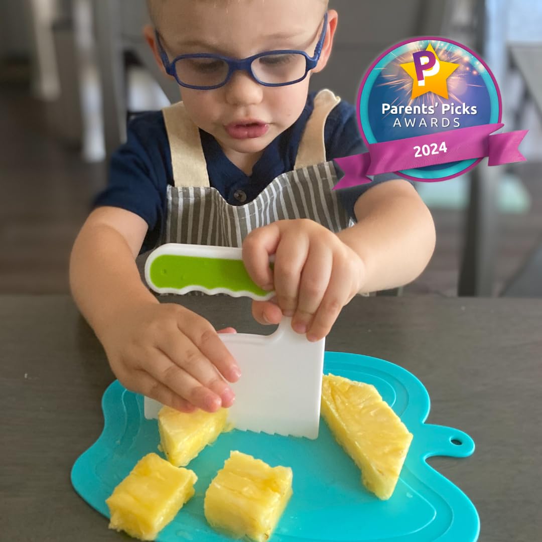 Tovla Jr Kids Montessori Cooking Tools Set - Safe Kitchen Knives for Children with Cutting Board, Vegetable Peeler & Gloves - Perfect Gift for Toddlers Learning to Cook - Ideal for Family Cooking Activities and Montessori Education