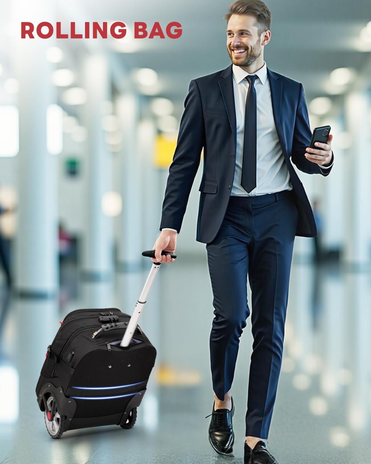 MATEIN 17 Inch Wheeled Laptop Backpack for Men & Women - Anti-Theft Rolling Carry On Luggage with USB Charging Port, Water Resistant Business Travel Backpack for Work, College, Airplane & Commuting