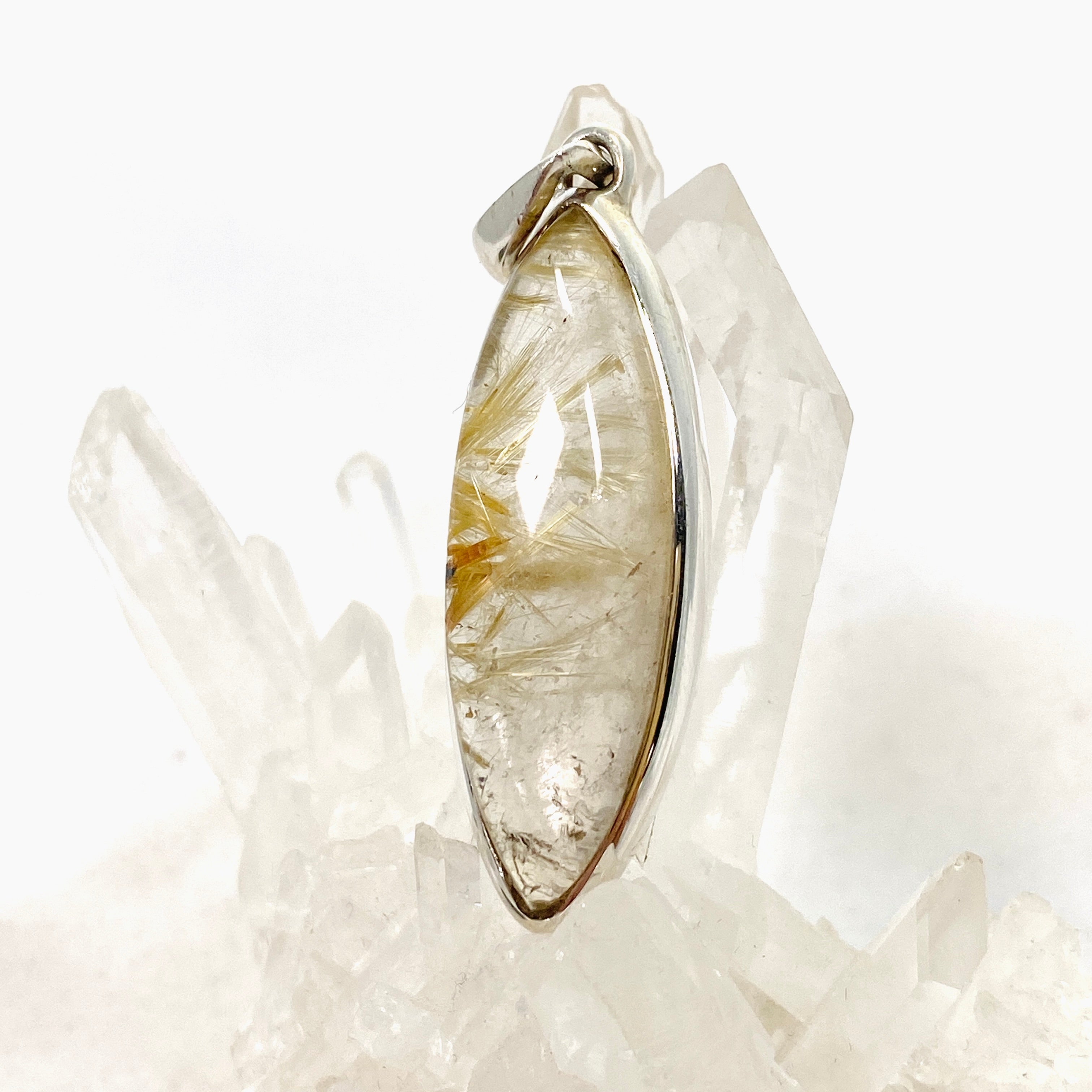 Natural Rutilated Quartz Marquise Cabochon Pendant Necklace - Handmade Jewelry for Women, Spiritual Healing & Energy Balance - Perfect for Meditation, Yoga & Gift Giving