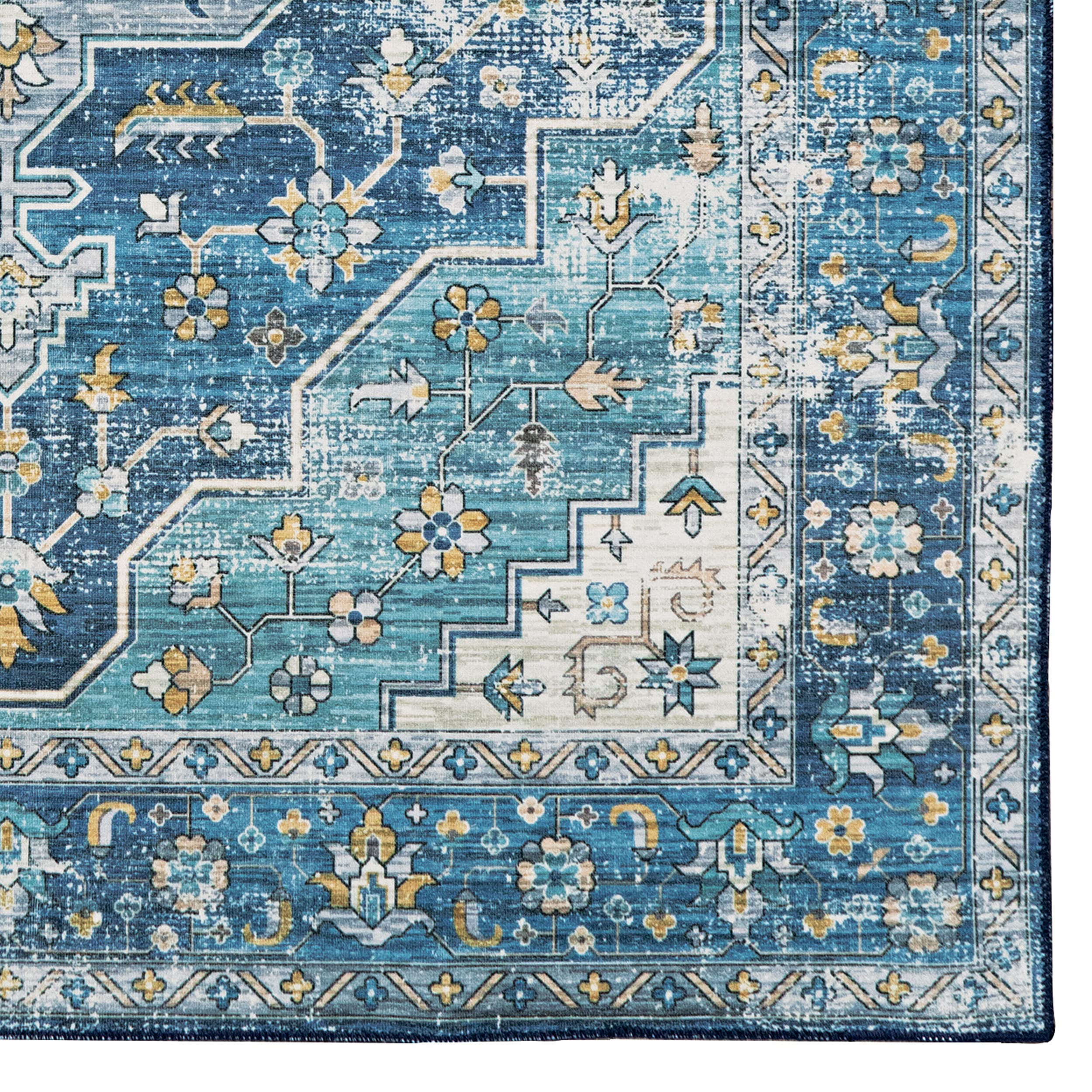 Linon Home Decor Washable Area Rug 5' x 7' - Firenze Teal & Ivory Indoor/Outdoor Rug - Perfect for Living Room, Bedroom, Patio & High Traffic Areas