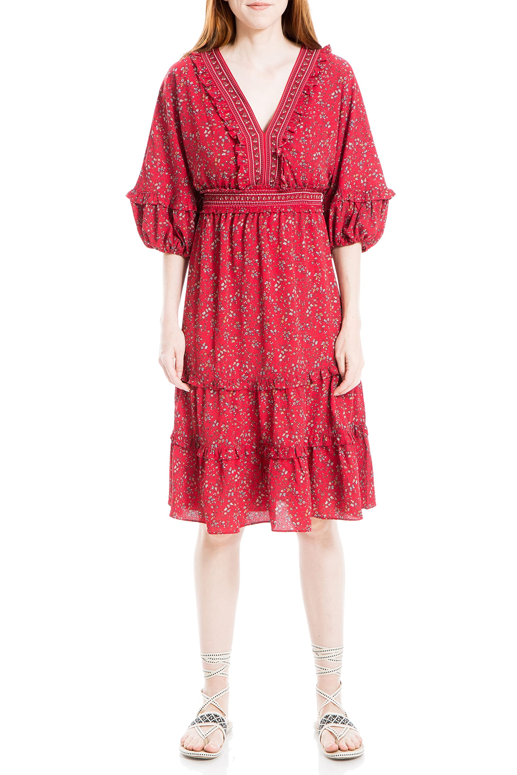 Max Studio Women's 3/4 Sleeve Tiered Bubble Crepe Dress - Elegant Flowy Midi Dress for Casual Wear, Office, Parties & Special Occasions