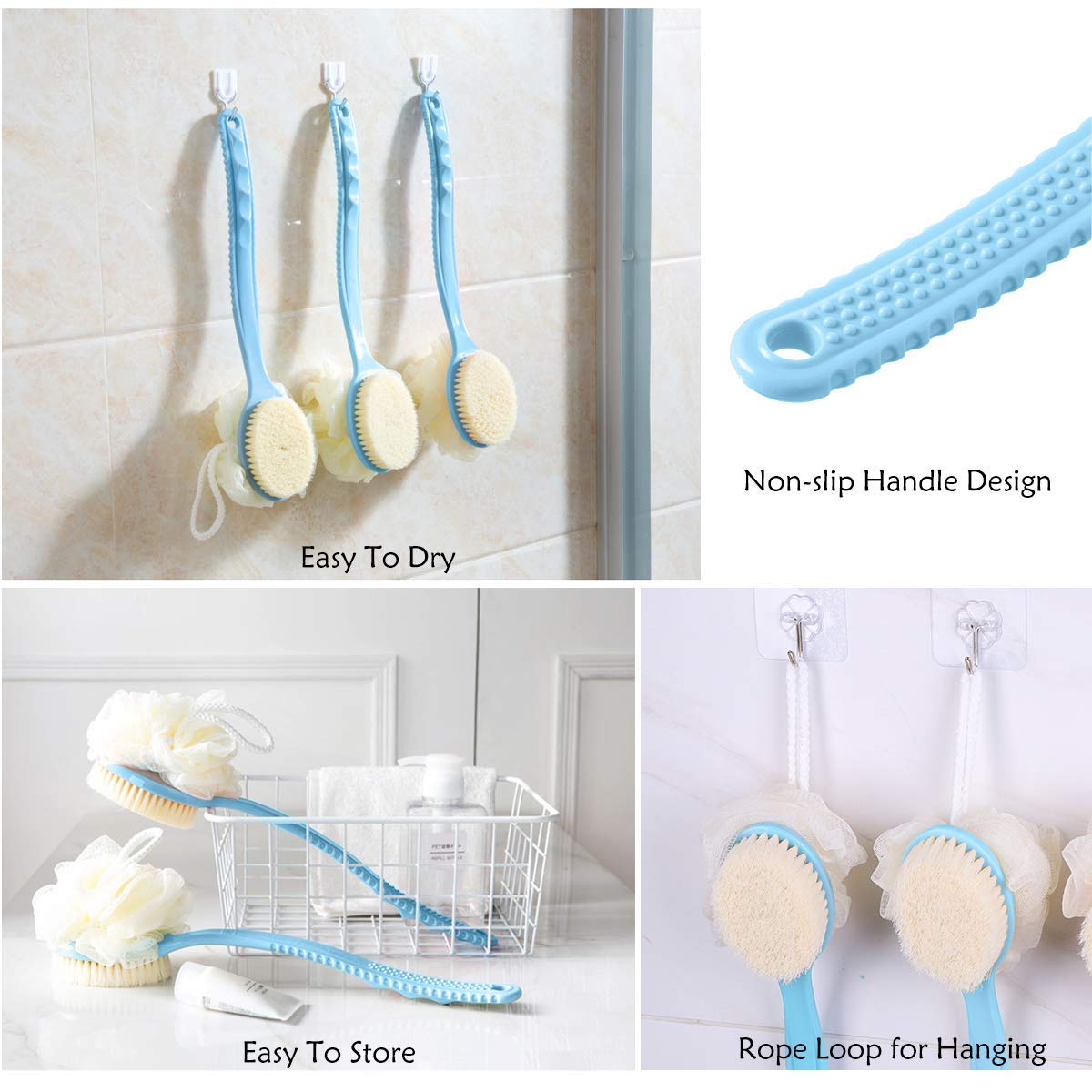Onlyeasy 2 in 1 Bath Body Brush with Soft Loofah & Bristles - Long Handle Back Scrubber for Wet/Dry Use - Exfoliating Shower Brush for Women & Men - Perfect for Body, Face & Spa Care - Ideal for Deep Cleansing, Dead Skin Removal & Relaxing Massage