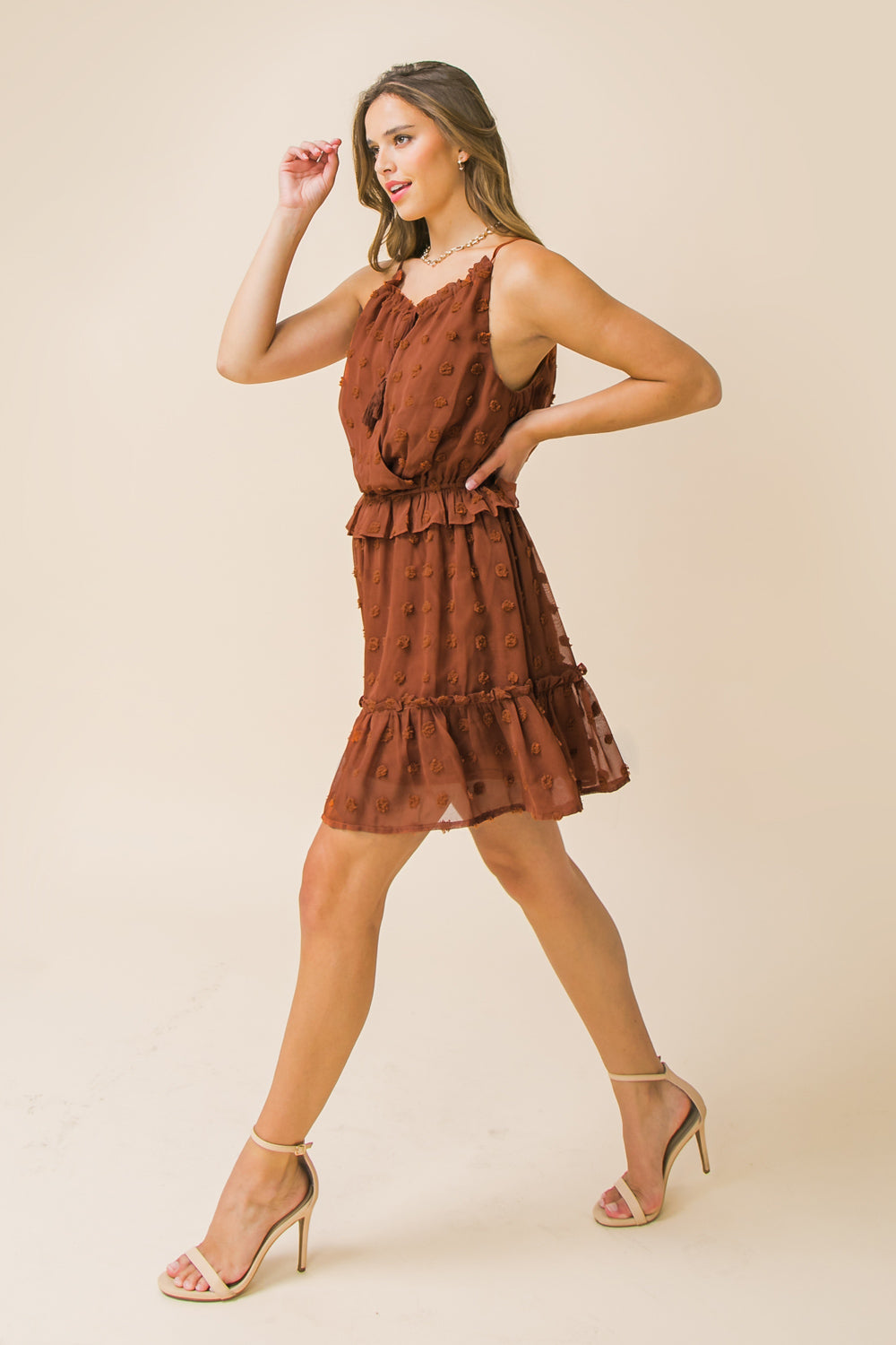 MIRA RUFFLE TIERED MINI DRESS in Rust - Flowy Summer Dress for Women, Beach Wedding Guest Outfit, Boho Chic Party Dress