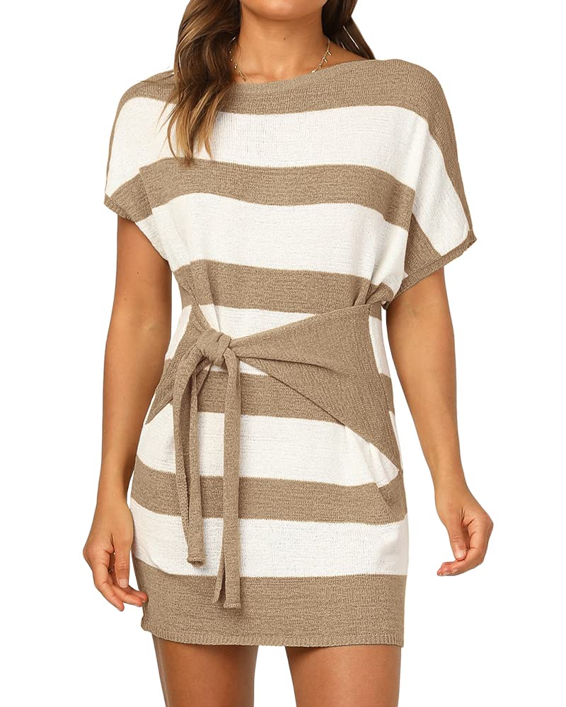 Apbondy Women's Crewneck Striped Bodycon Dress - Casual Short Sleeve Knit Dress with Belt for Summer, Party & Date Night | Slim Fit Stretchy T-Shirt Dress for Women
