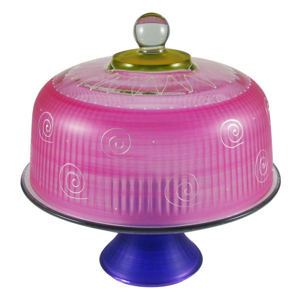 Hand Painted Glass Cake Stand with Dome Cover - Peruvian Splendor Pink Collection - Unique Decorative Cake Dome for Weddings & Parties - Kitchen Table Décor by American Artists