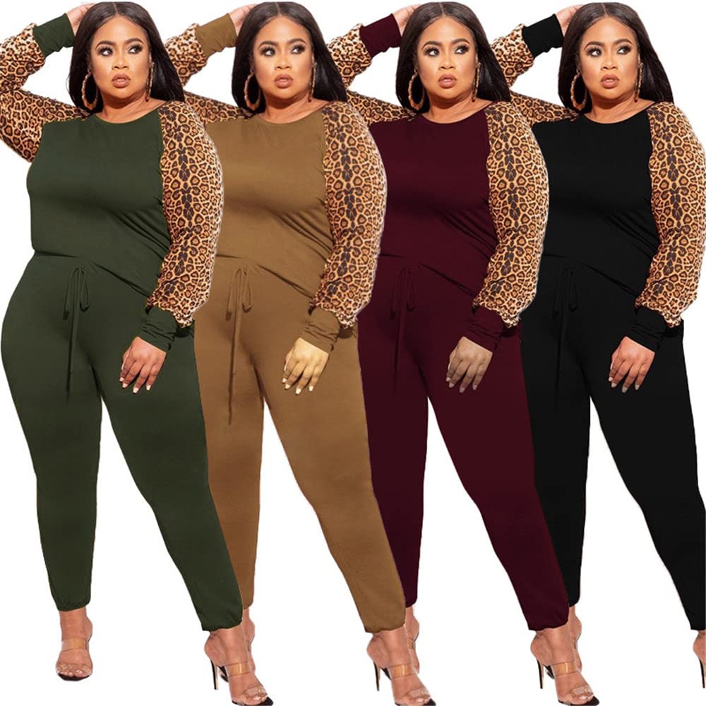 Women's Plus Size Leopard Print 2-Piece Sweatsuit Set - Comfortable Tracksuit with Top & Sweatpants for Lounge, Workout & Casual Wear