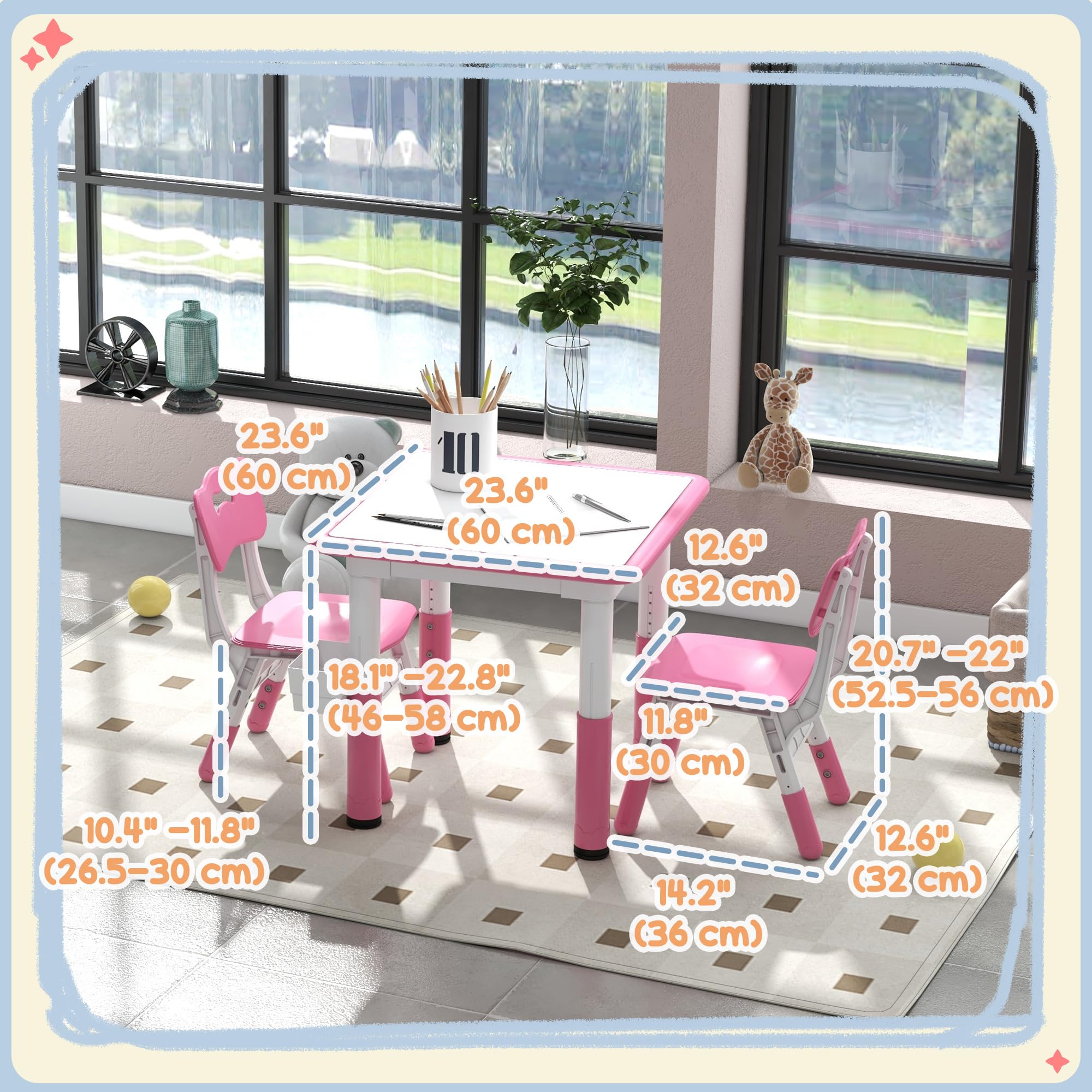 Qaba 3-Piece Kids Table and Chair Set - Adjustable Height Toddler Activity Table with Storage - Perfect for Playroom, Nursery, Classroom (Pink) | Ideal for Arts & Crafts, Snack Time, and Learning Activities