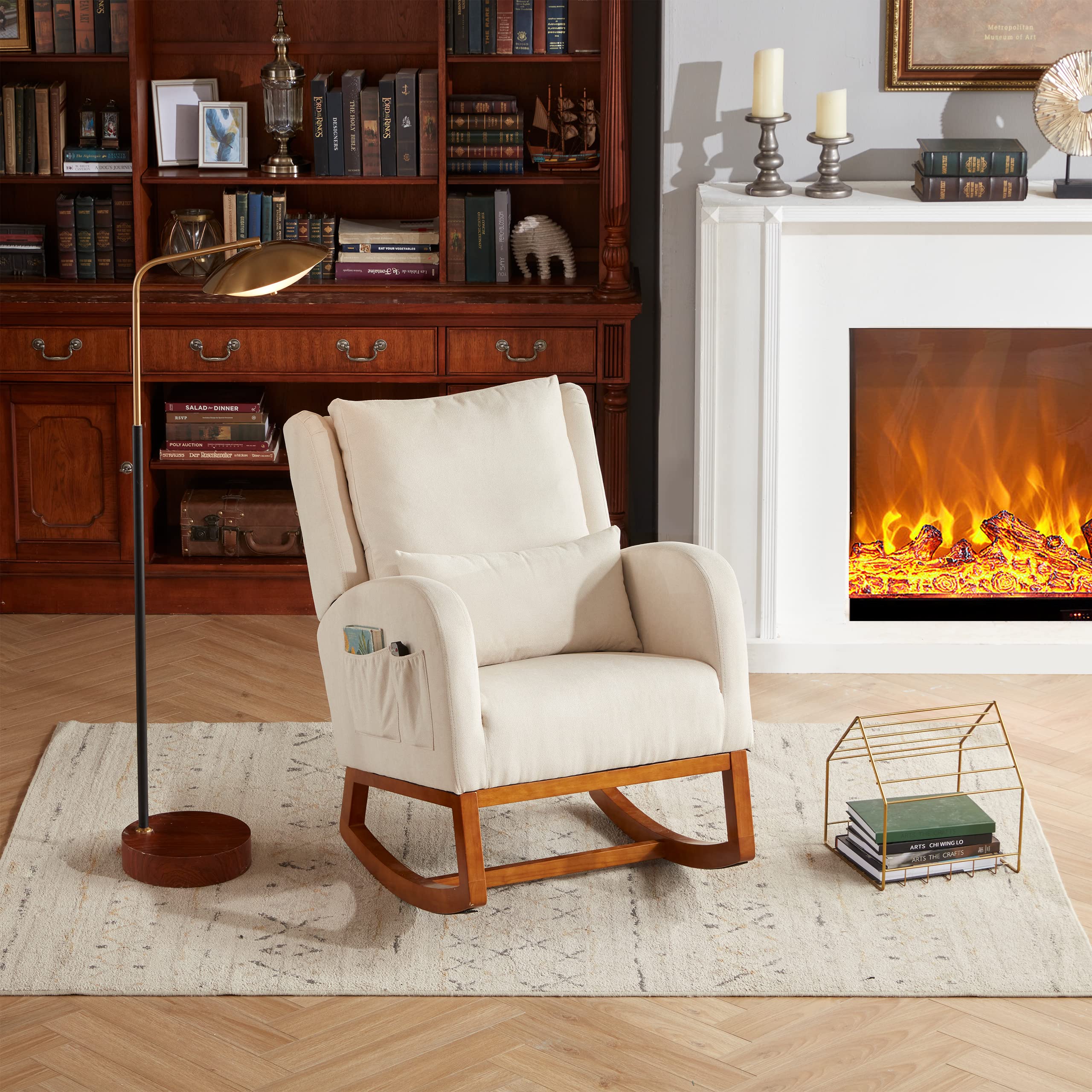 Modern Nursery Glider Rocking Chair with Side Pockets & Lumbar Support - High Back Accent Rocker for Living Room, Bedroom, Nursery - Beige | Perfect for Breastfeeding, Reading Nook & Relaxation