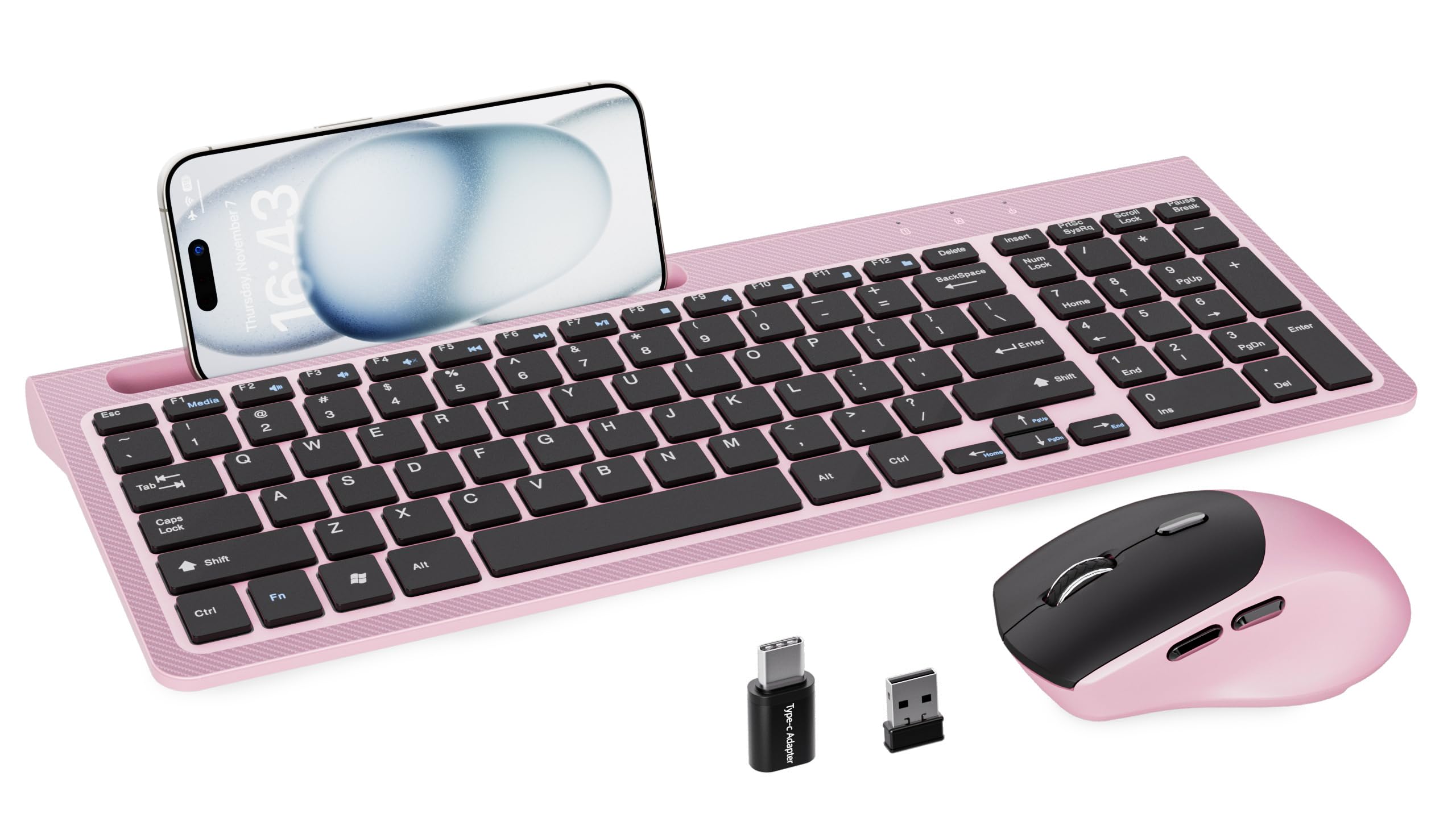 Ergonomic Wireless Keyboard and Mouse Combo with Phone Holder - 2.4GHz Cordless Keyboard Mouse for Mac, Windows, PC & Laptop (Pink) - Perfect for Home Office, Gaming & Remote Work