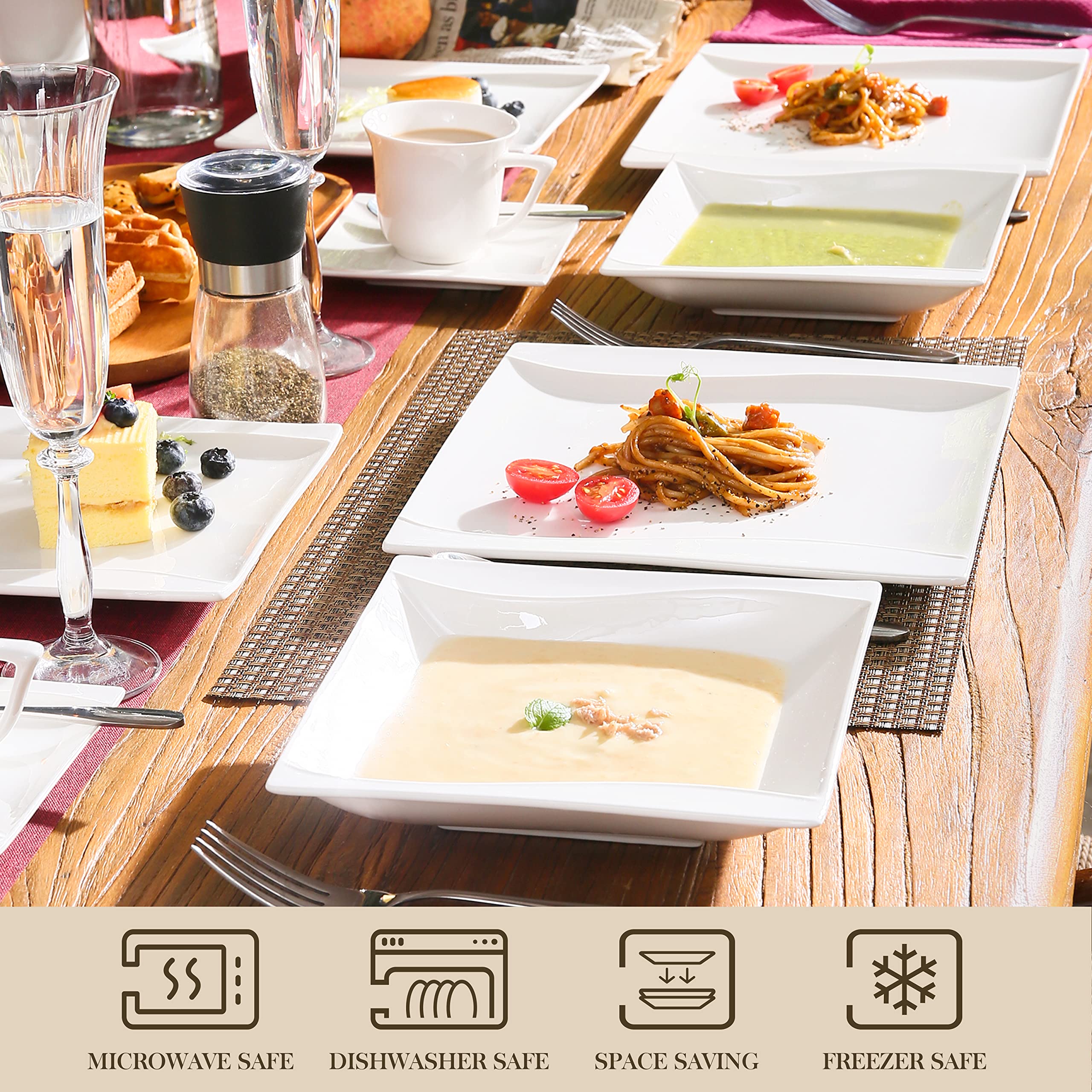 MALACASA 30-Piece Ivory White Porcelain Square Dinnerware Set - Plates, Bowls, Mugs & Saucers for 6 People - Elegant Tableware for Salad, Pasta, Dessert - Perfect for Family Dinners, Parties & Restaurant Use - Series Carina
