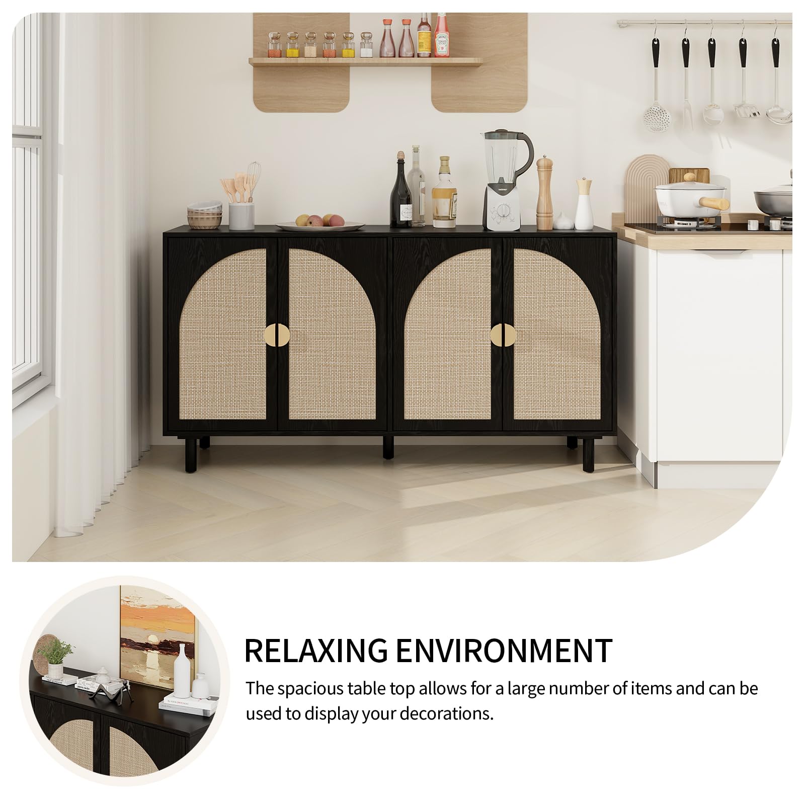 Modern Rattan Sideboard Buffet Cabinet with 4 Doors & 2 Adjustable Shelves - Stylish Boho Storage Console for Living Room, Kitchen, Dining Room - Perfect for Organizing Dishes, Linens & Home Decor (Black)