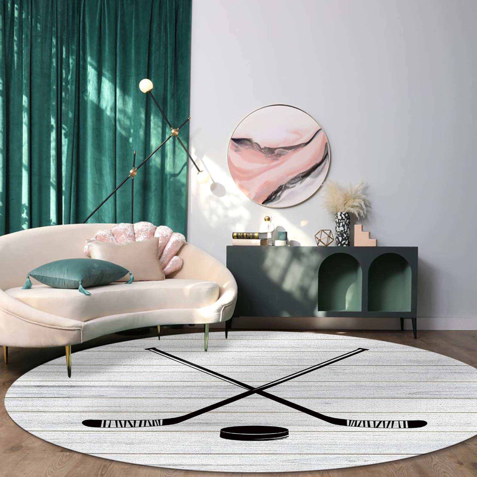 Hockey Sport Theme Round Area Rugs - 4ft Diameter Anti-Skid Floor Carpet Mat for Kids Room, Nursery, Office, Bedside & Living Room - Rustic Wooden Board Design for Home Decor & Game Room
