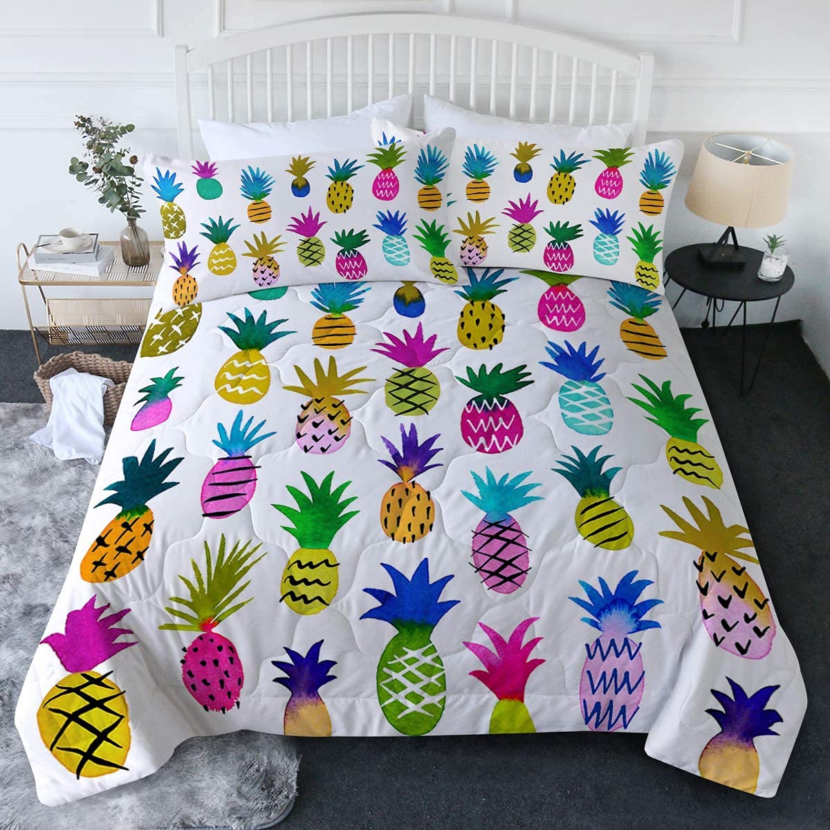 BlessLiving Rainbow Pineapple Comforter Set - 3 Piece Queen Size Colorful Tropical Bedding for Kids & Adults | Soft Pineapple Print Duvet Cover with Pillow Shams | Perfect for Girls' Room, Beach House Decor & Unique Gift