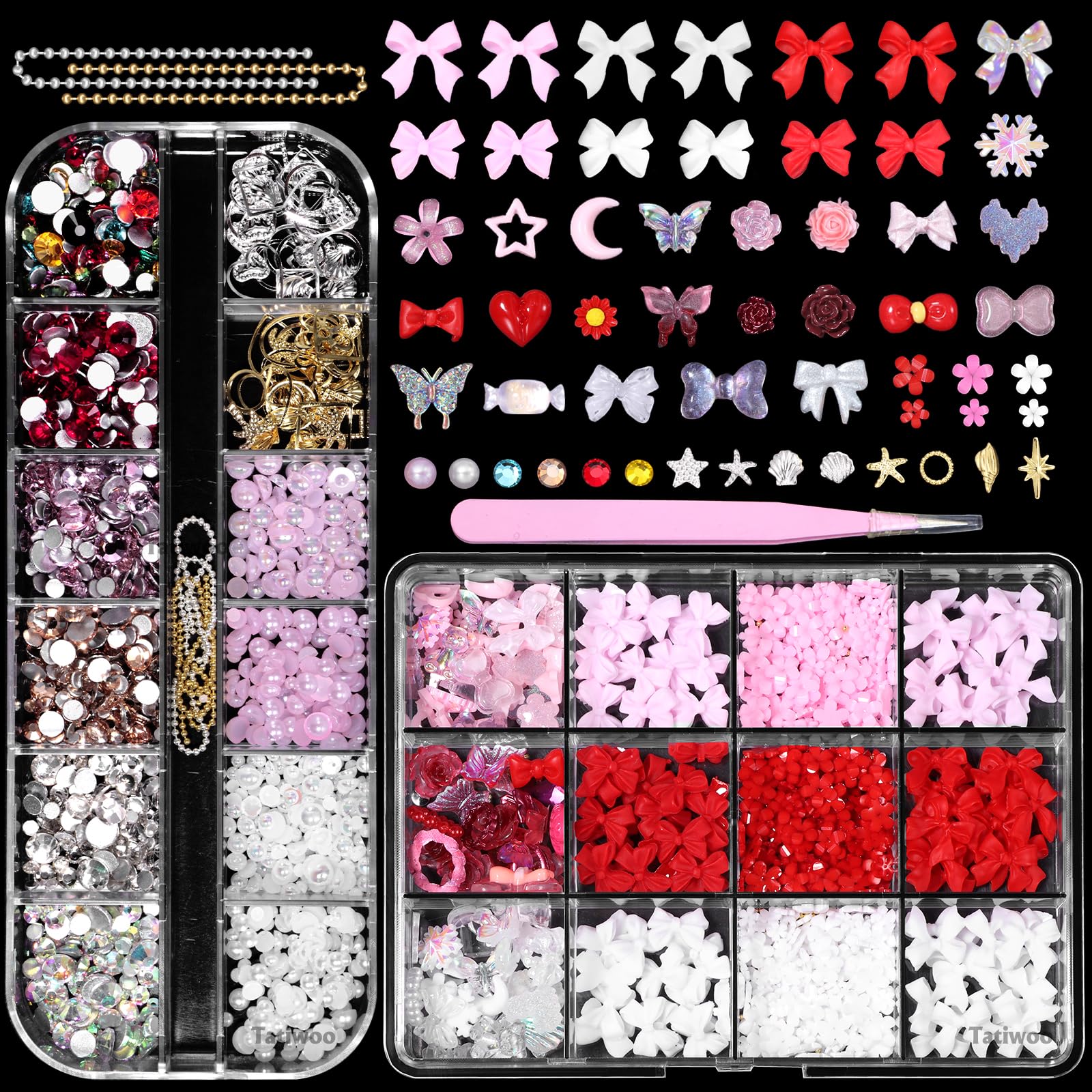 2 Boxes Flower Nail Charms and Rhinestones - Red Pink Bows, Tiny Flowers & Butterfly Nail Art Charms for DIY Nail Accessories | Perfect for Manicures, Nail Salons & Home Nail Art Decoration