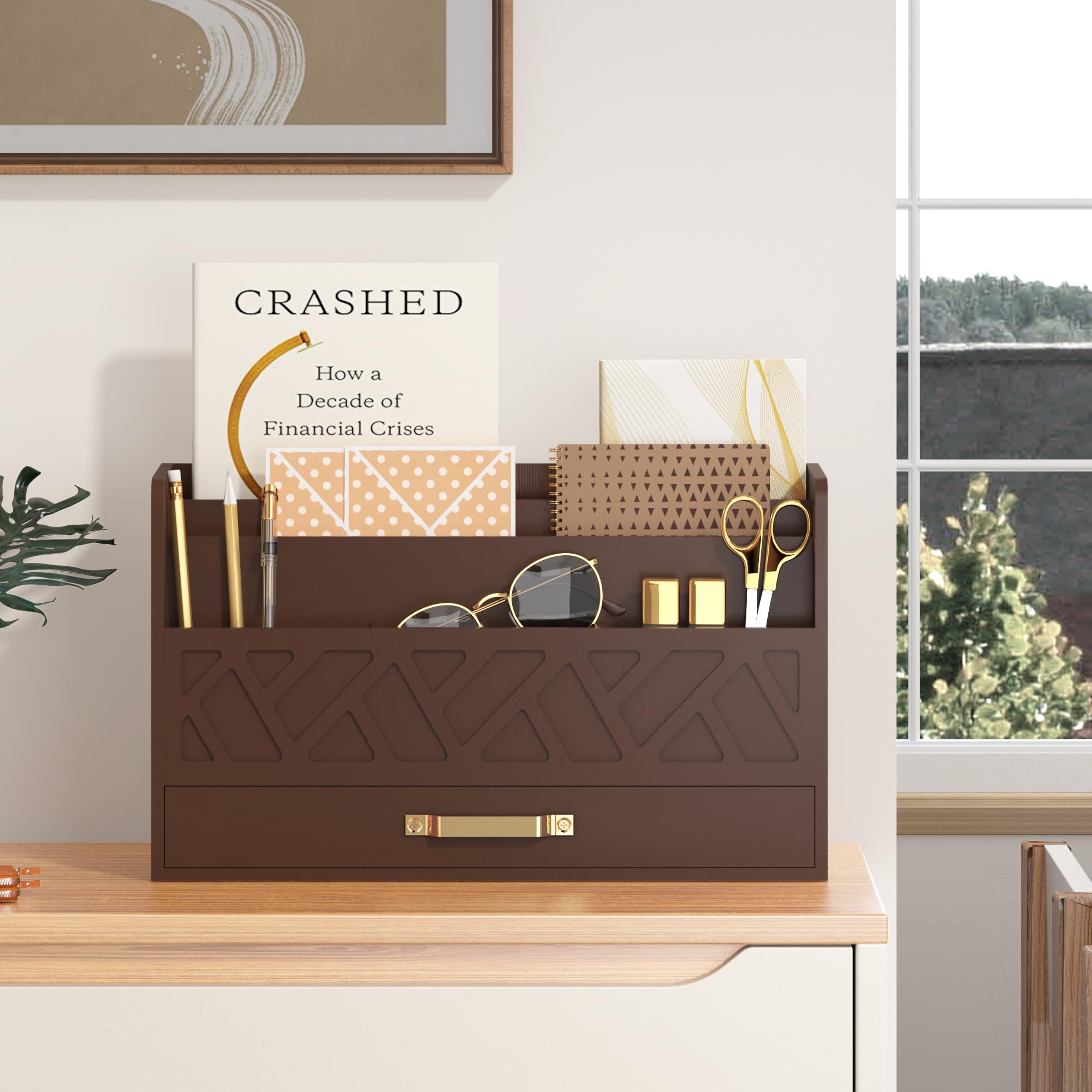 Bamboo Desk Organizer - Wooden Mail Holder & Countertop Storage Box with Pen Holder, Letter Sorter & Makeup Organizer for Home Office, School Supplies (All Brown) | Perfect for Desk Organization, Mail Sorting & Makeup Storage