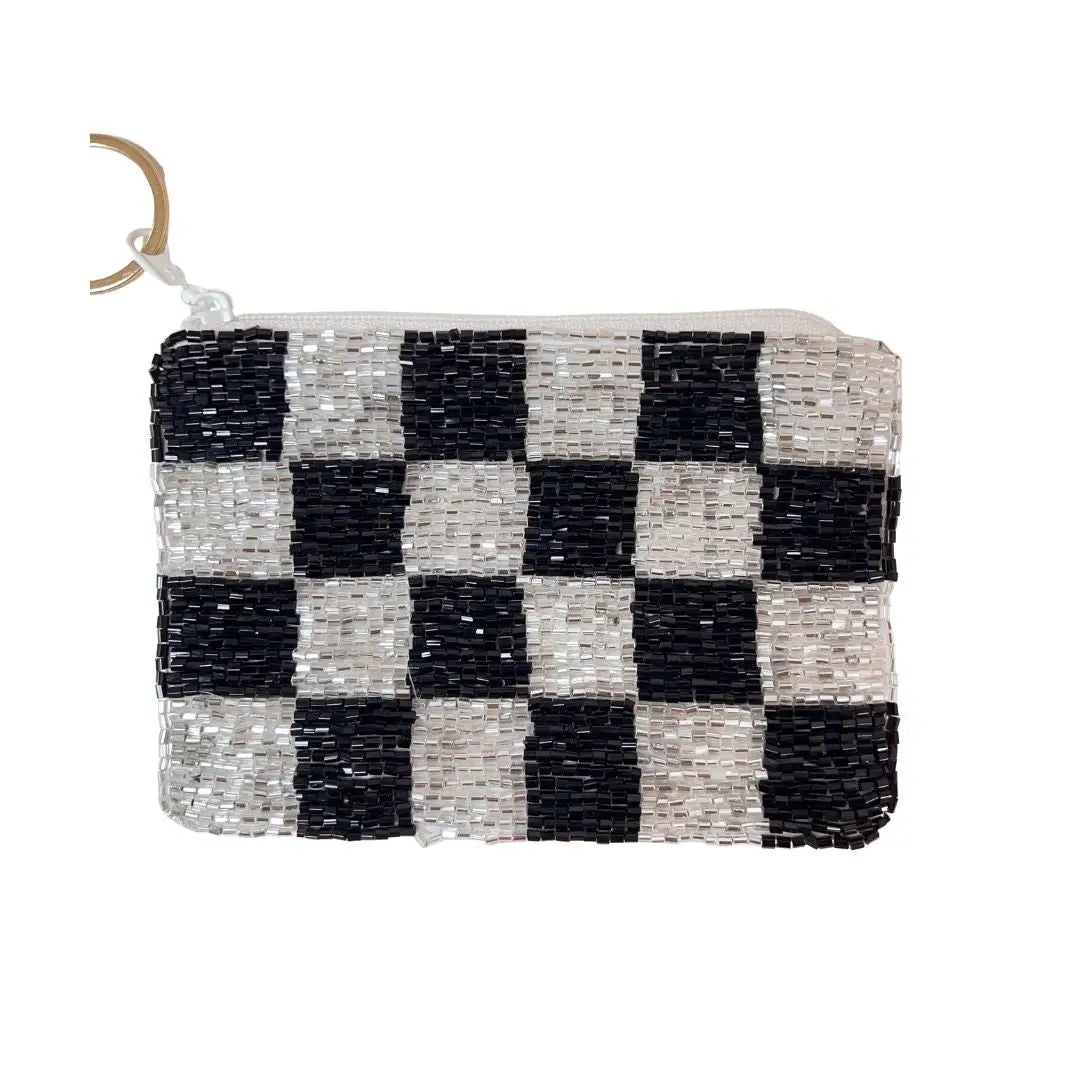 Black & White Checkered Beaded Keychain Pouch - Stylish & Secure for Keys, Cards & Small Essentials - Perfect for Gifts, Travel & Everyday Use