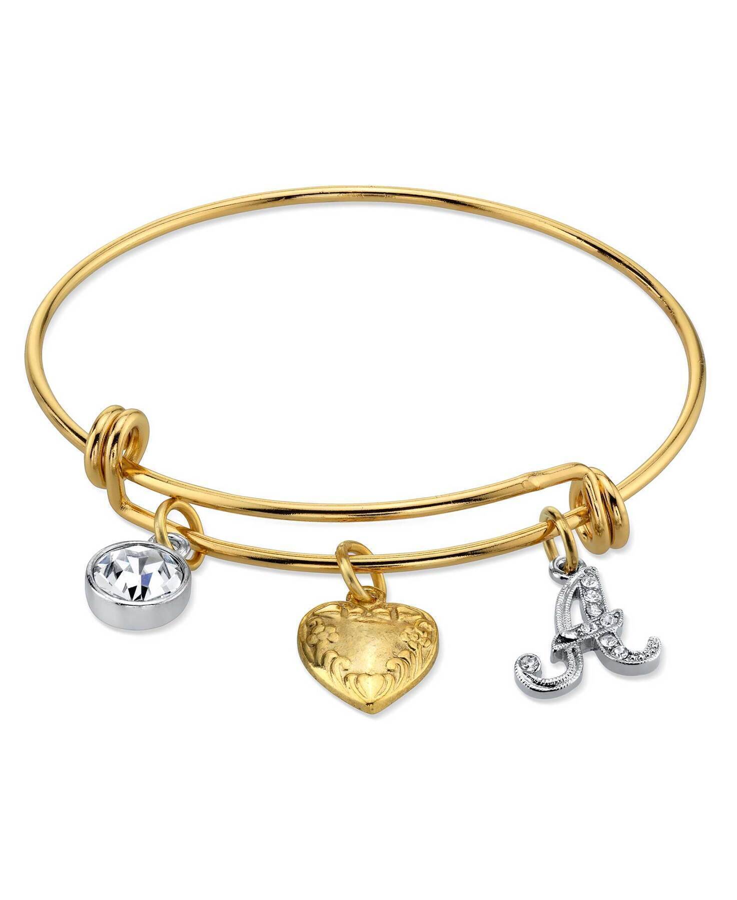 1928 Gold Heart Initial Crystal Charm Bangle Bracelet for Women - Personalized Name Jewelry Gift for Her - Perfect for Valentine's Day, Anniversary & Special Occasions
