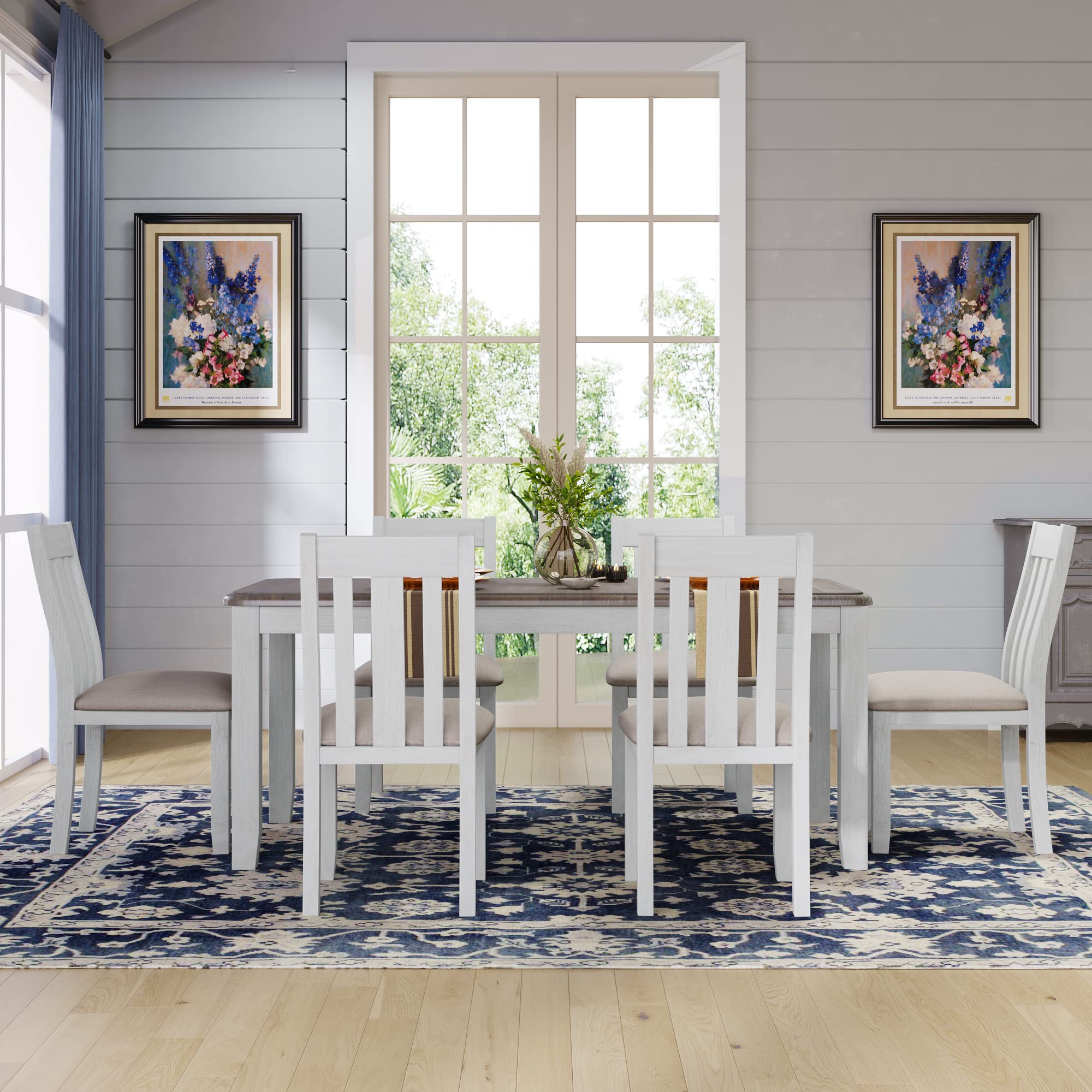 KLMM Classic 7-Piece Antique Wooden Dining Table Set with Extendable Leaf & 6 Padded Chairs - Rustic Brown & White Kitchen Dining Room Furniture for Family Gatherings & Entertaining Guests