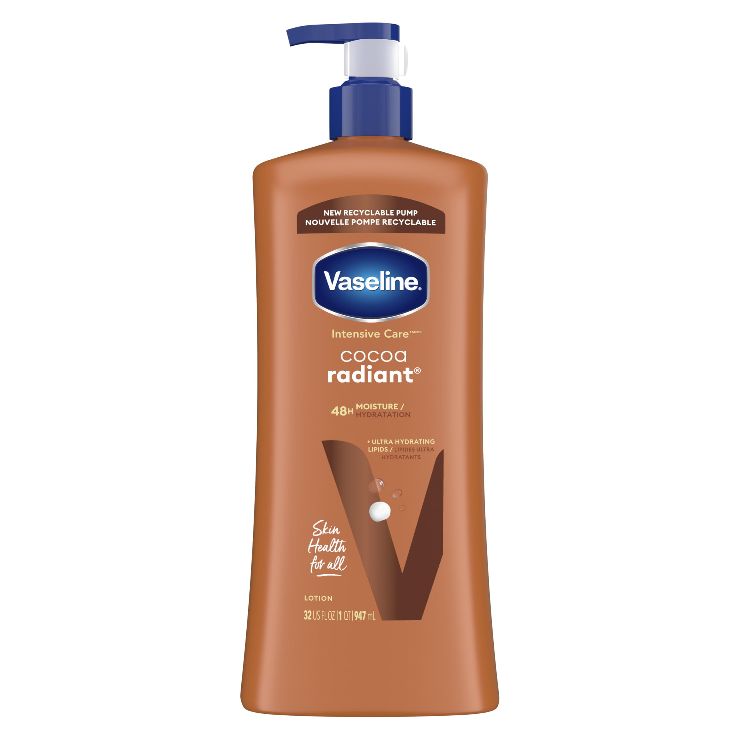 Vaseline Intensive Care Cocoa Radiant Body Lotion for Dry Skin - Ultra Hydrating with Pure Cocoa Butter & Lipids - Long Lasting Moisture & Glow - 32oz - Perfect for Daily Skincare & Winter Dryness Relief