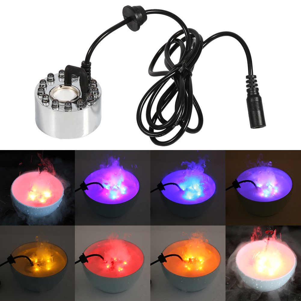 12 LED Mist Maker & Fog Machine Atomizer - Water Pond Fountain Fogger, Mini Air Humidifier for Indoor Fountains, Rock Gardens & Fish Tanks (Includes US Plug Adapter) | Perfect for Home Decor, Aquariums & Relaxation Spaces