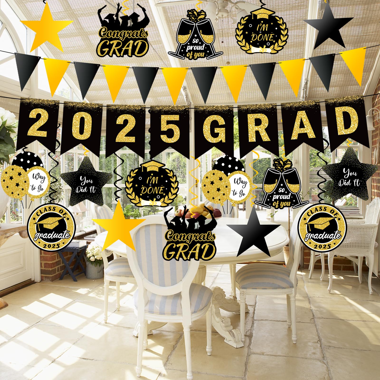 34Pcs Pre-Assembled Graduation Decorations - Hanging Swirls & 2025 GRAD Banner for Graduation Party | Class of 2025 Decor for Classroom, Home & School Celebrations | Perfect for Graduation Ceremonies, Photo Backdrops & Party Decorations