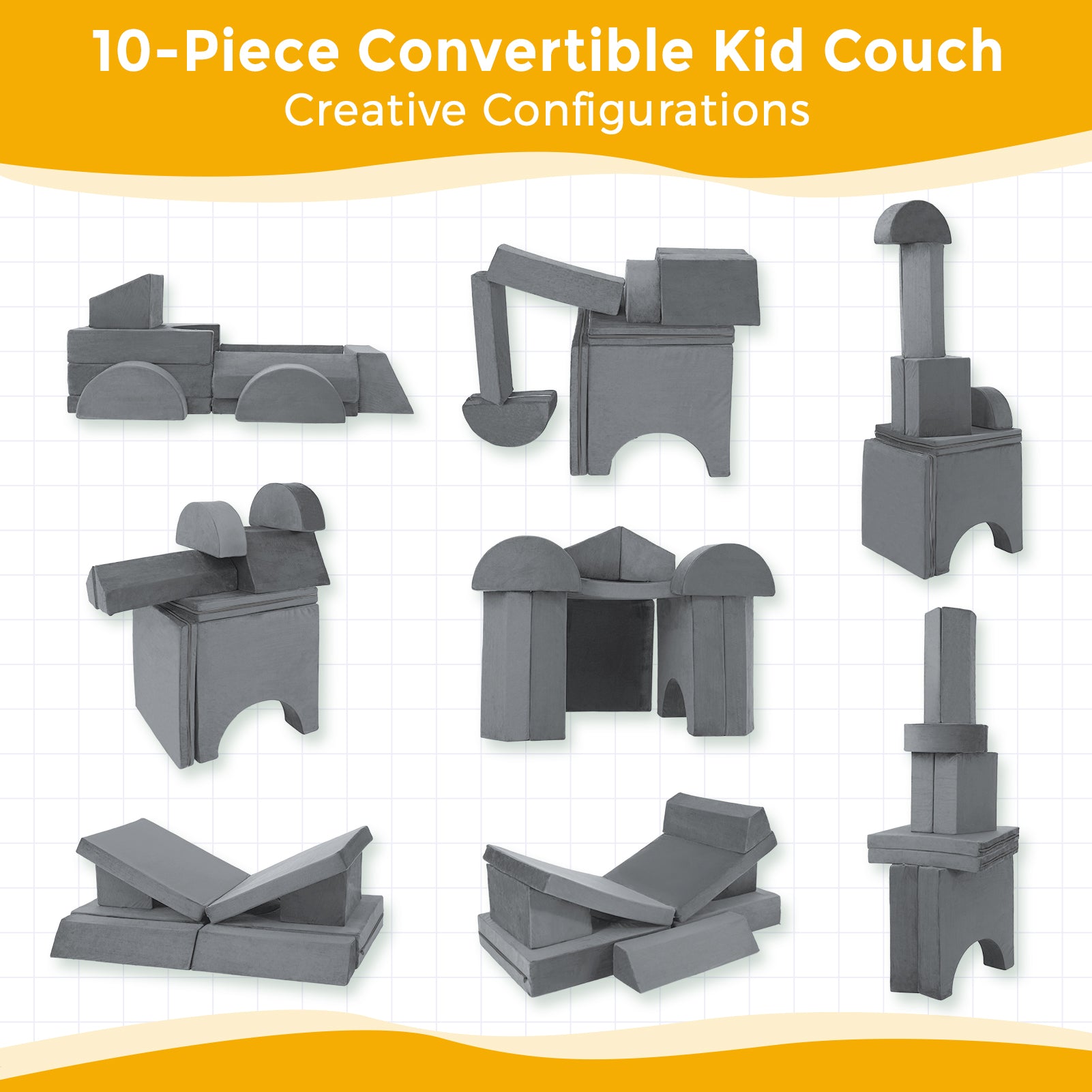 MAXYOYO 10-Piece Modular Convertible Kids Play Couch Sofa Set with Removable Soft Velvet Covers (Grey) - Perfect for Playrooms, Daycare Centers & Family Living Rooms