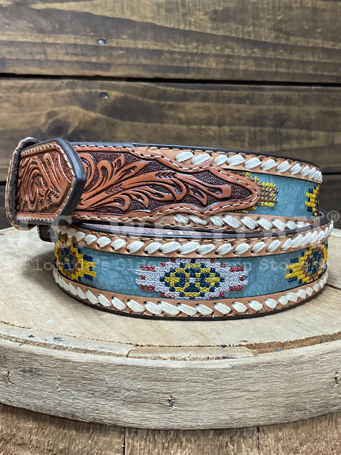Roper 8681500 Aztec Embroidery Genuine Leather Belt for Men - Tan Brown Western Style Belt - Perfect for Cowboy Boots, Jeans & Western Fashion Outfits