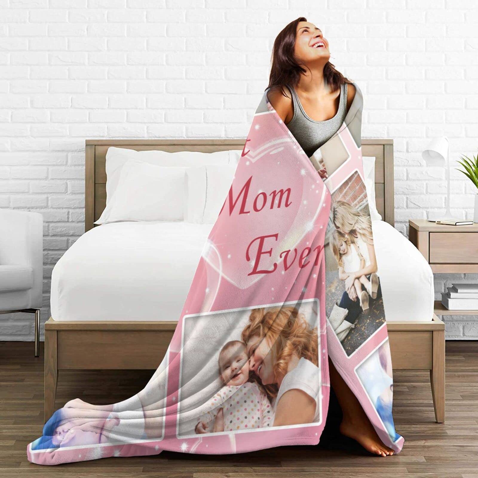 Best Mom Ever Custom Photo Blanket - Personalized Picture Blanket with 5 Photos - Thoughtful Gift for Mother's Day, Birthday, Christmas, Father's Day & New Year - Cozy Home Decor for Living Room, Bedroom & Special Occasions