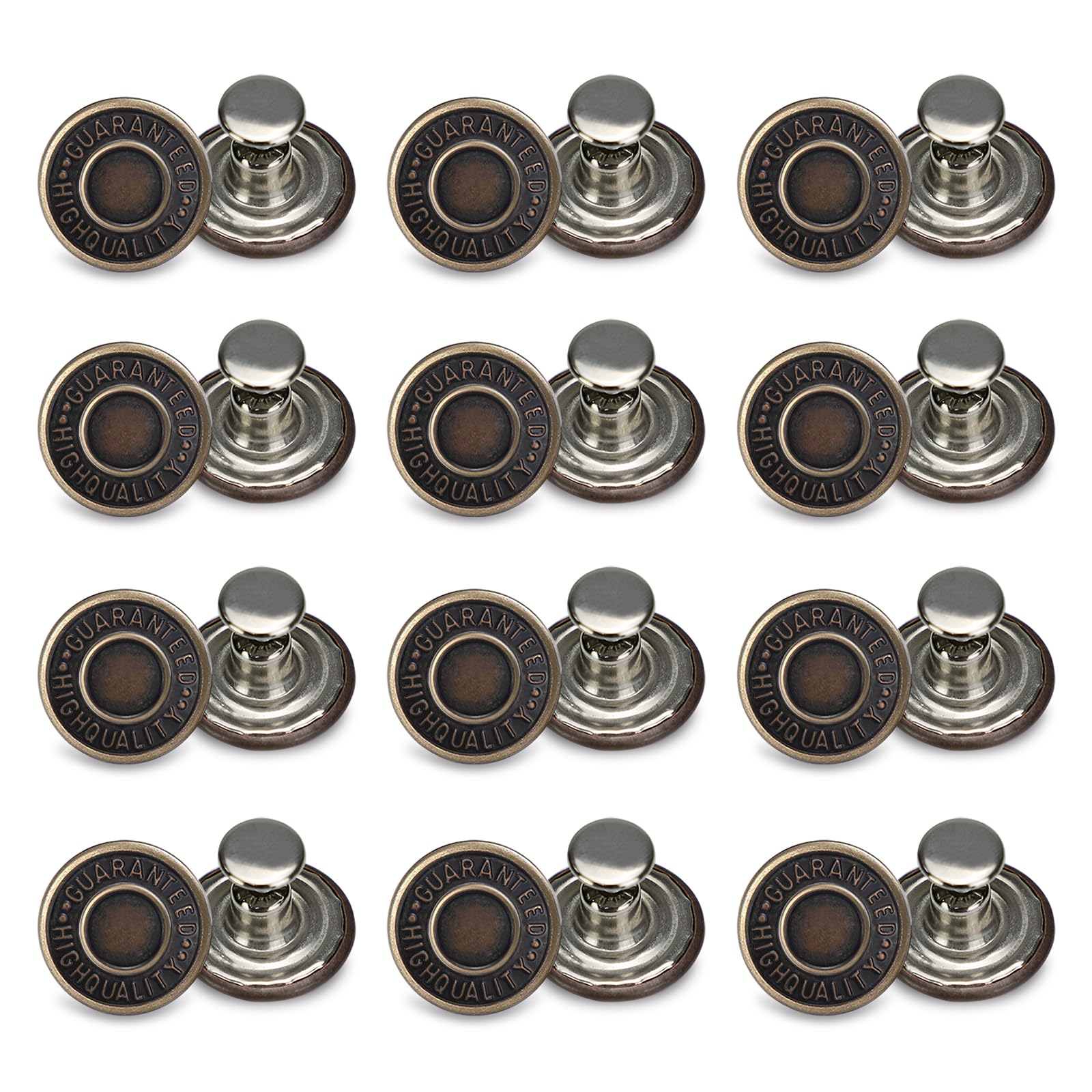 12 Sets Vintage Adjustable No-Sew Jean Button Pins (3/4 Inch) - Assorted Rivet Pins for Loose Jeans Repair, Waist Tightening & DIY Denim Alterations - Perfect for Tailoring, DIY Fashion & Emergency Jean Repairs