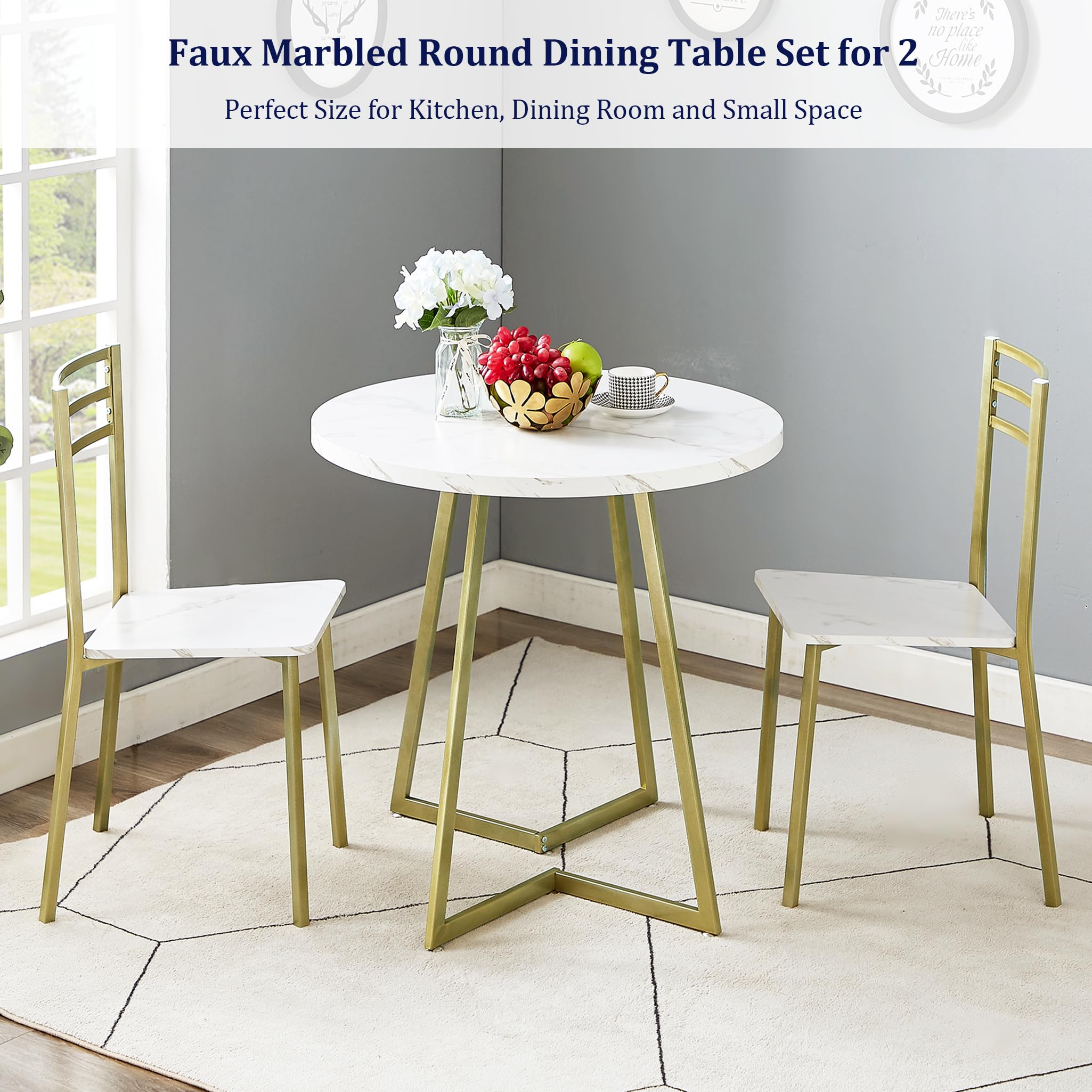 VECELO 2-Person Small Round Dining Table Set with Wood Tabletop & Sturdy Metal Frame - Modern Kitchen Dinette, Breakfast Nook & Living Room Furniture in White & Gold - Perfect for Small Spaces, Apartments & Cozy Dining Areas