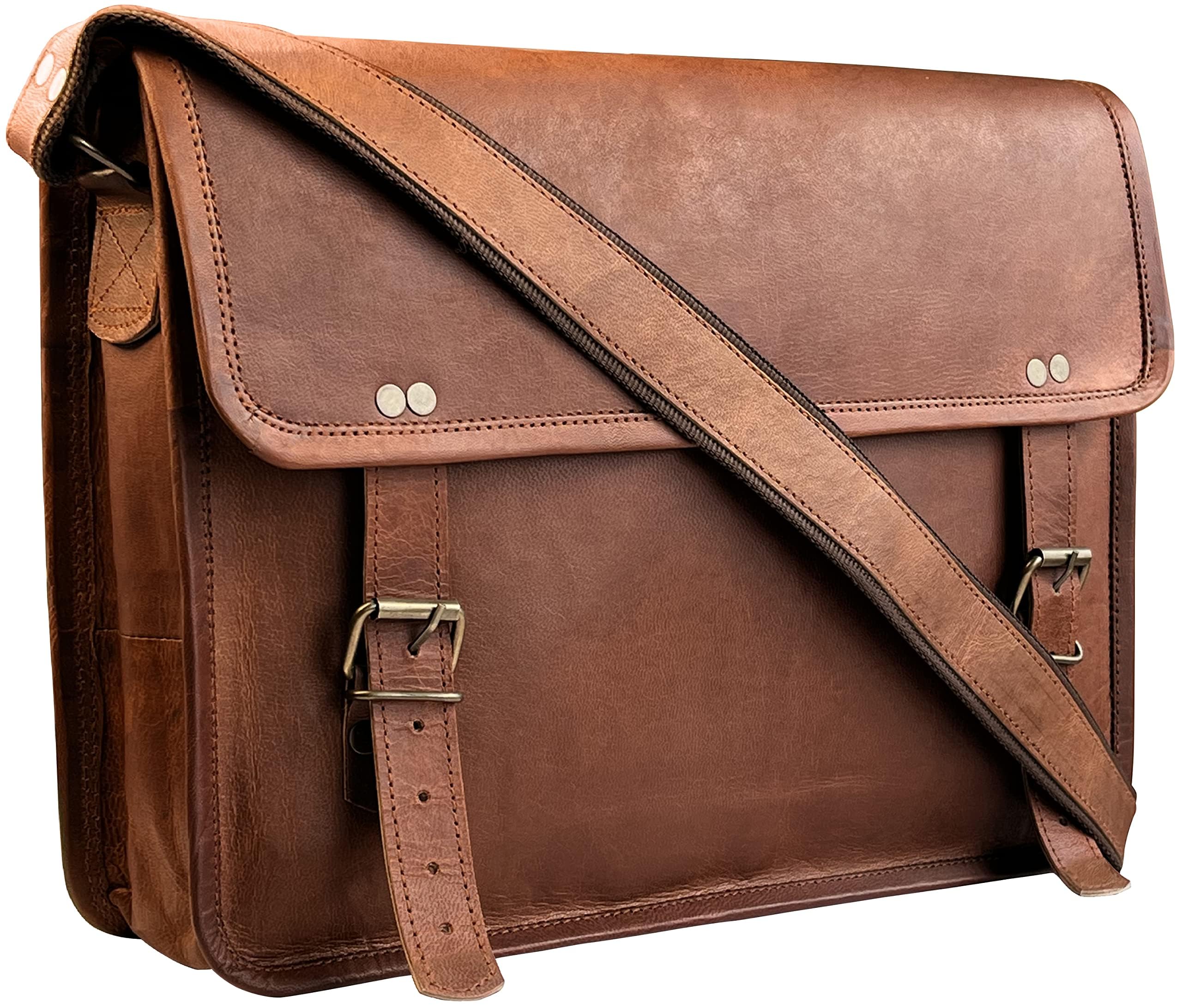 RUSTIC TOWN Genuine Full Grain Leather Messenger Bag for Men & Women - Durable Laptop Satchel Briefcase for Office, Work & Travel - Perfect Business Shoulder Bag for Professionals & Students