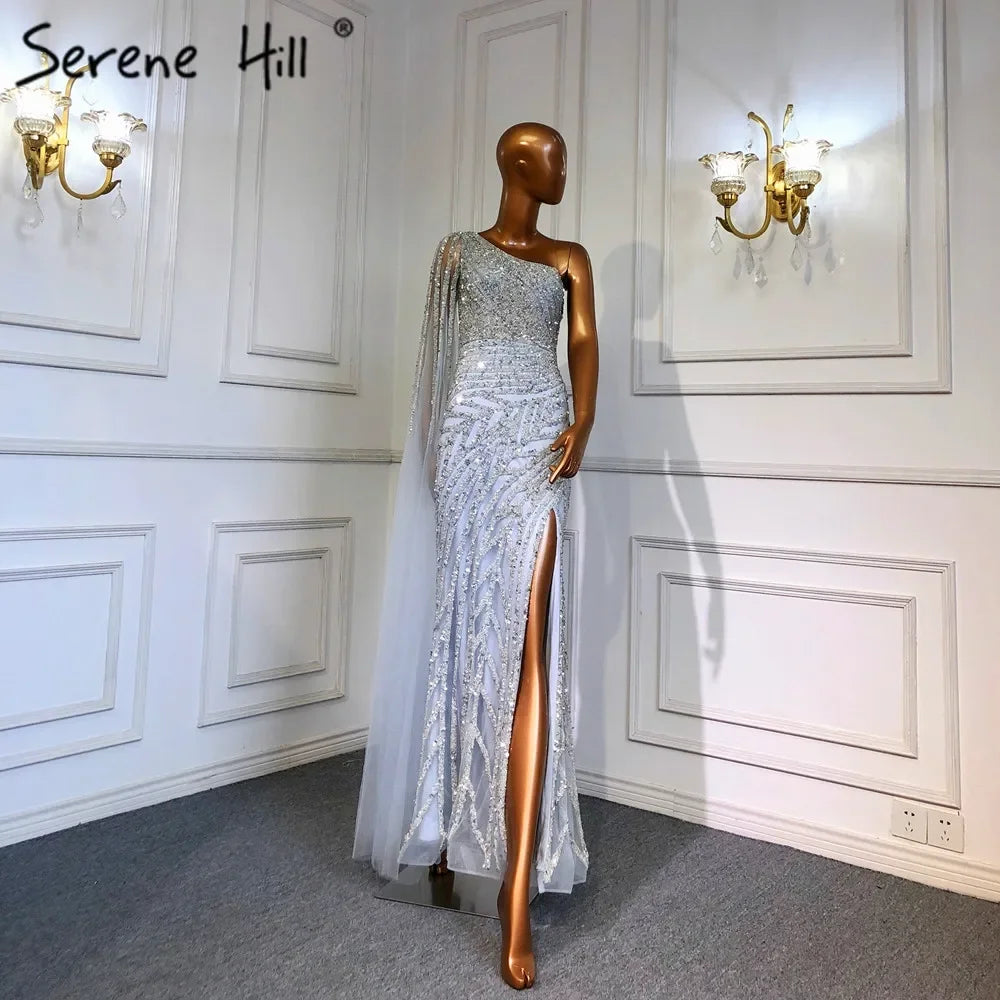 Elegant One Shoulder Lilac High Split Mermaid Evening Dress with Beaded Details for Women - Perfect for Prom, Gala, and Formal Parties - Serene Hill LA71493