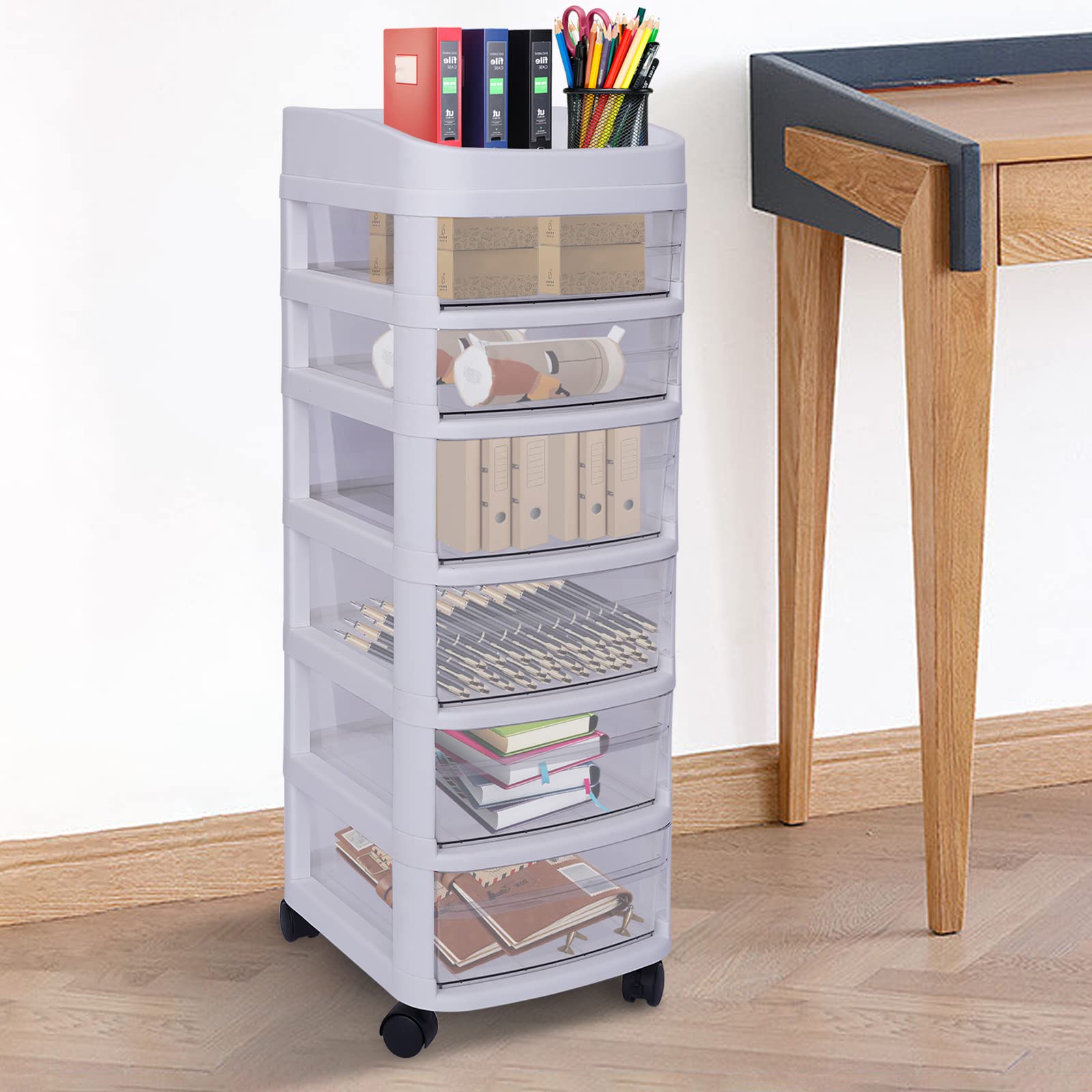 6-Layer Rolling Storage Cart with Wheels - Transparent Plastic Organizer Cabinet for Kitchen, Office, Bathroom & Laundry Room - Free Standing Drawer Trolley (34.2 x 14.1 x 11.8 Inches) - Perfect for Organizing Makeup, Cleaning Supplies, Toys & Pantry Items