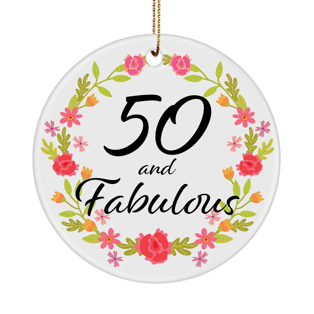 50 and Fabulous Birthday Ornament - Round Ceramic Christmas Tree Decoration for 50th Birthday Party, Women's Gift - Perfect for Holiday Decor, Anniversary Celebrations & Milestone Birthday Presents